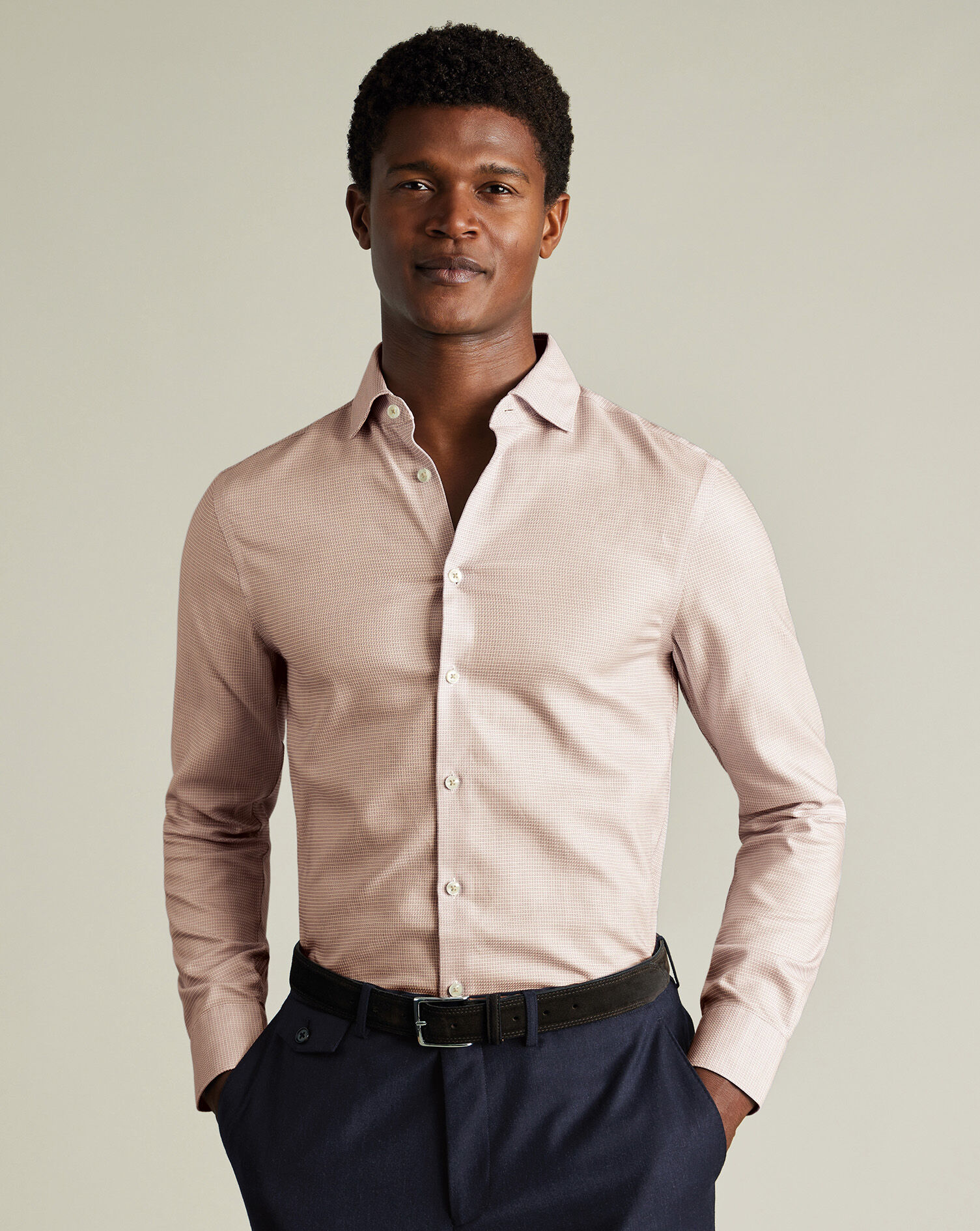 Non-Iron Stretch Texure Square Shirt - Taupe