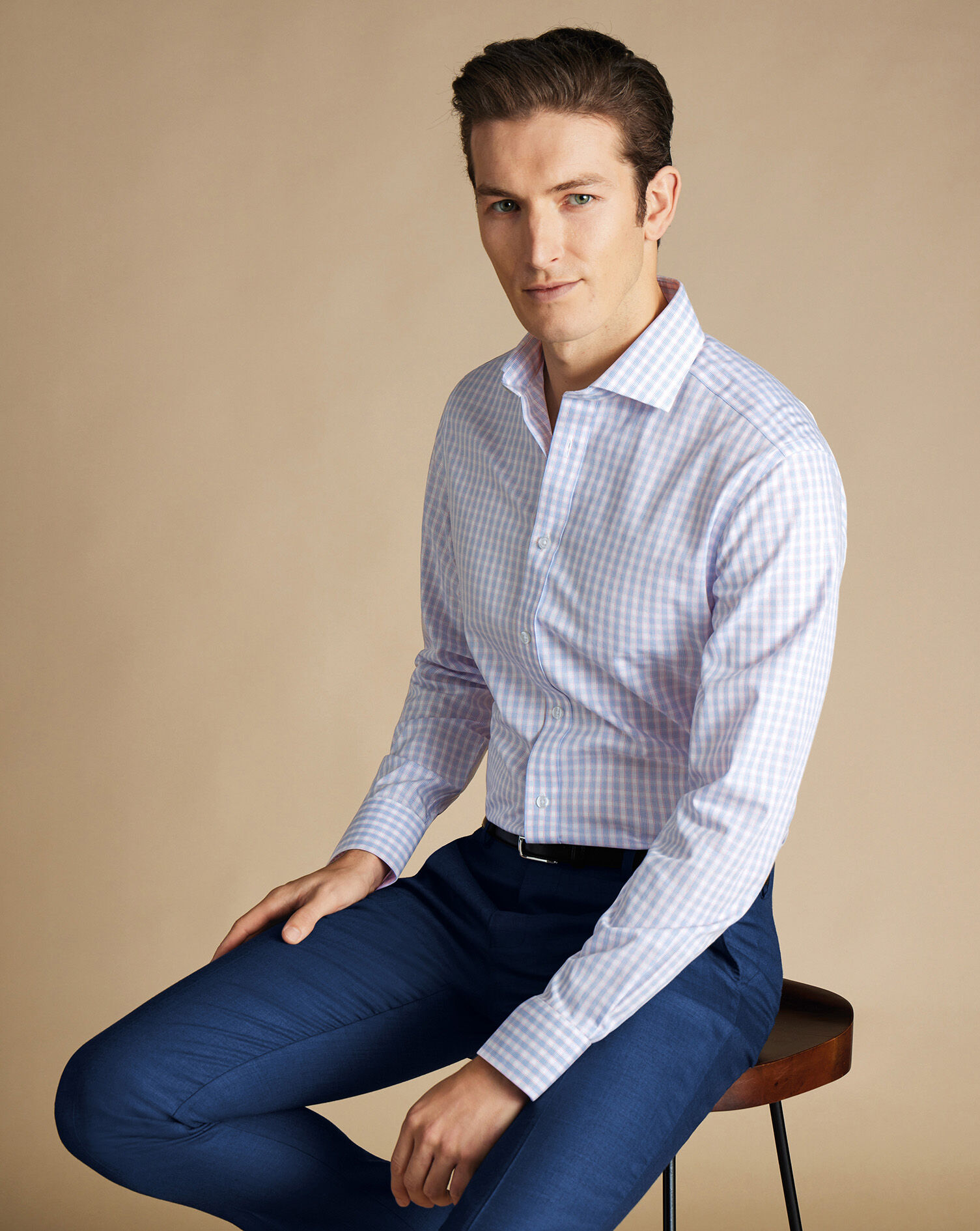 Spread Collar Non-Iron Poplin Multi Check Shirt - Cornflower Blue