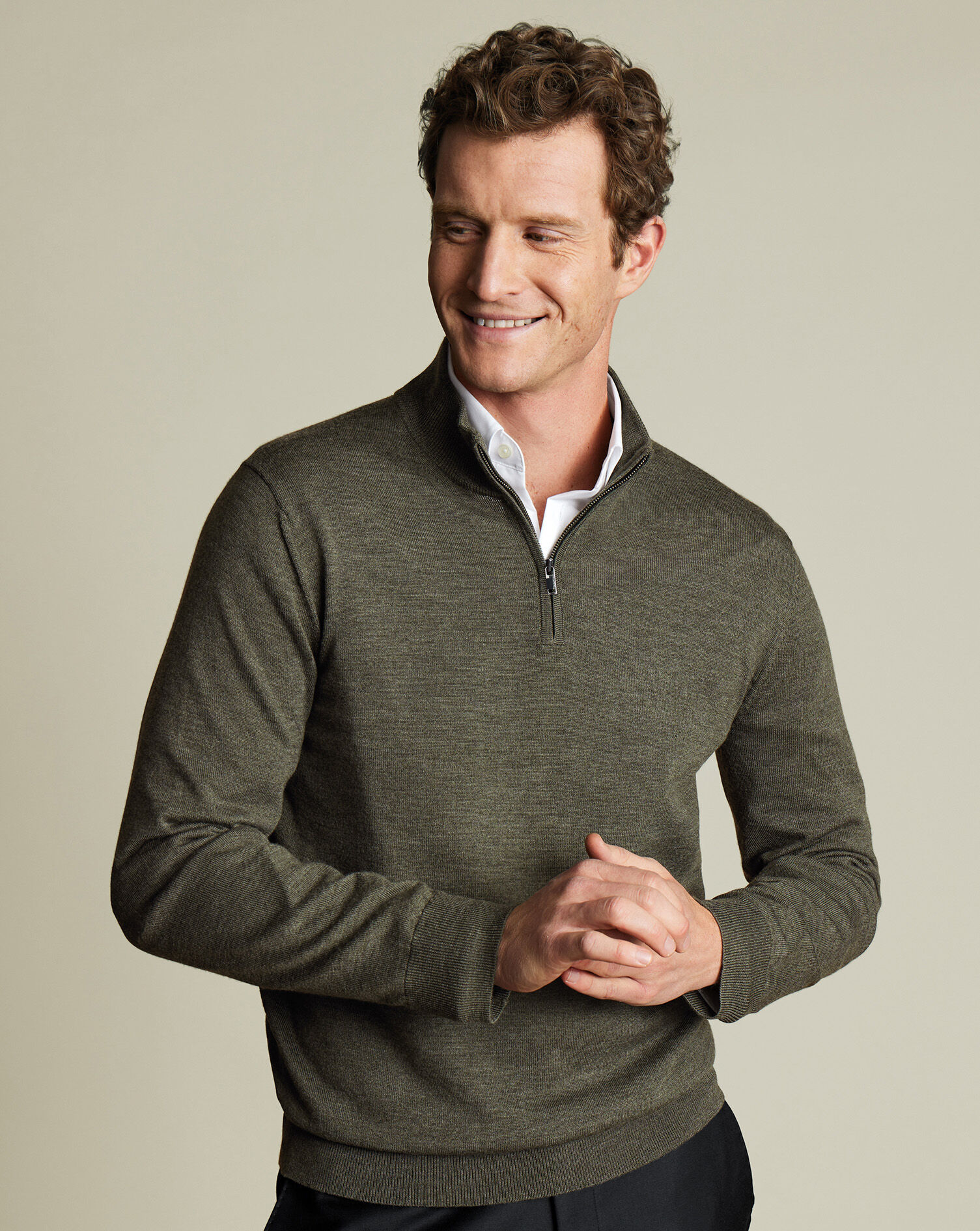 Merino Quarter Zip Sweater - Olive Green Melange