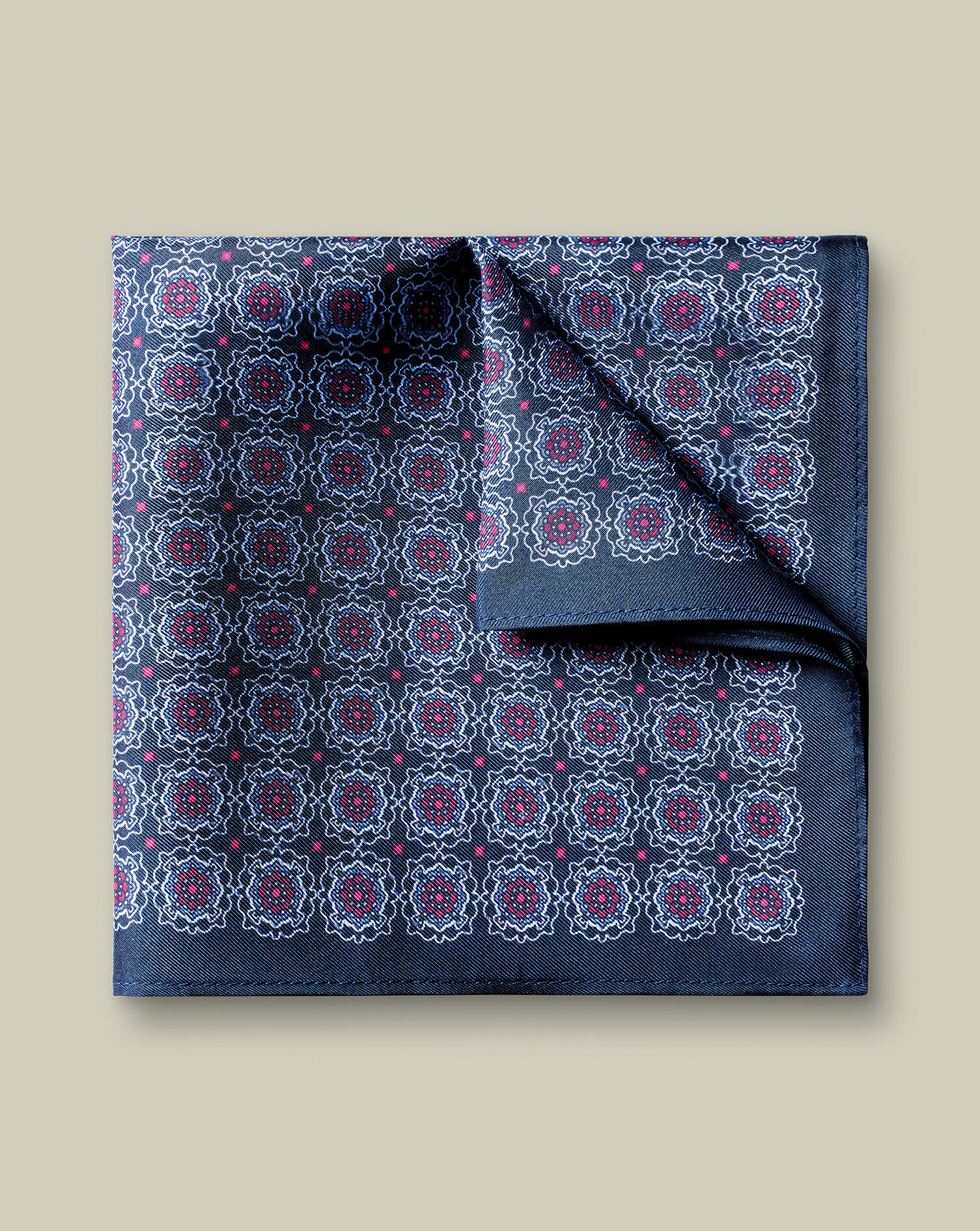 Silk Geo Print Pocket Square - Navy & Dark Pink