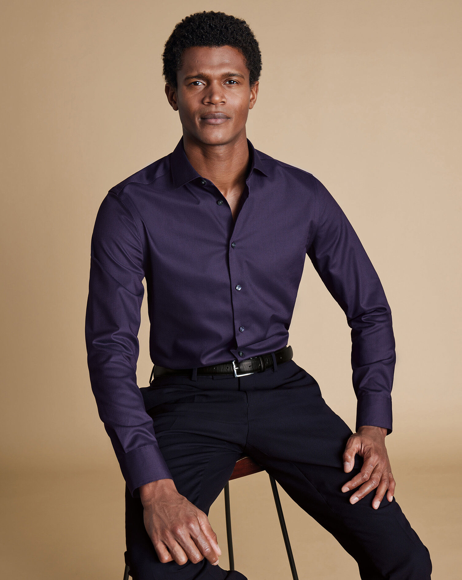 Semi-Spread Collar Non-Iron Stretch Texture Shirt - Purple