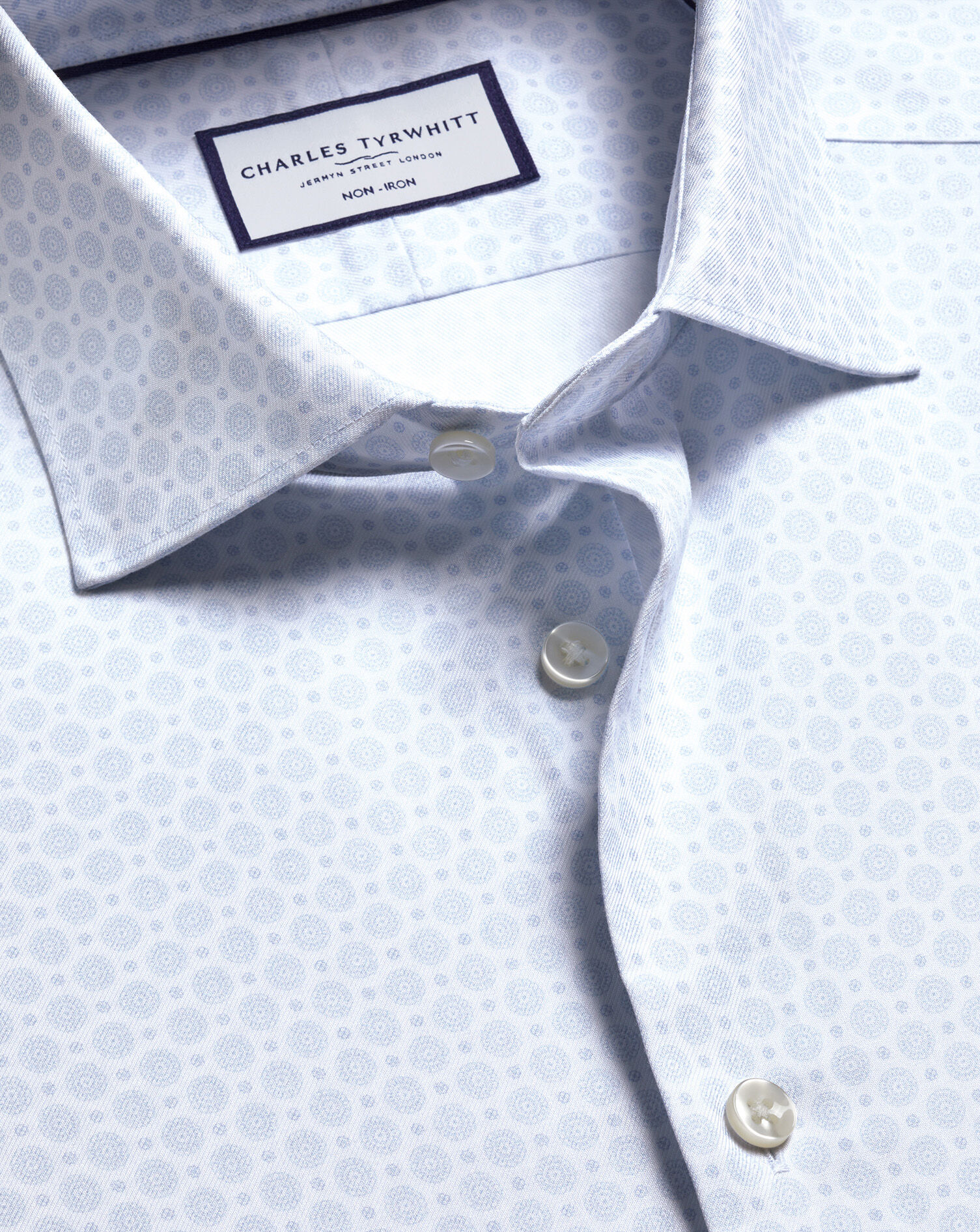 Non-Iron Stretch Print Shirt - White & Sky Blue