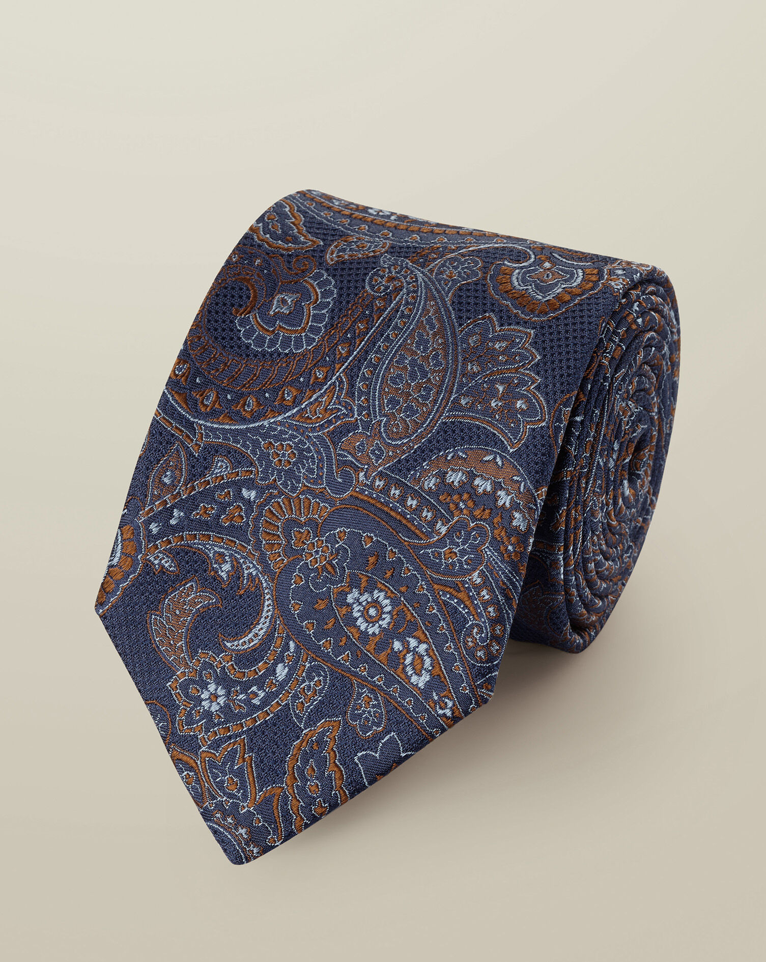 Silk Paisley Tie - Navy & Camel