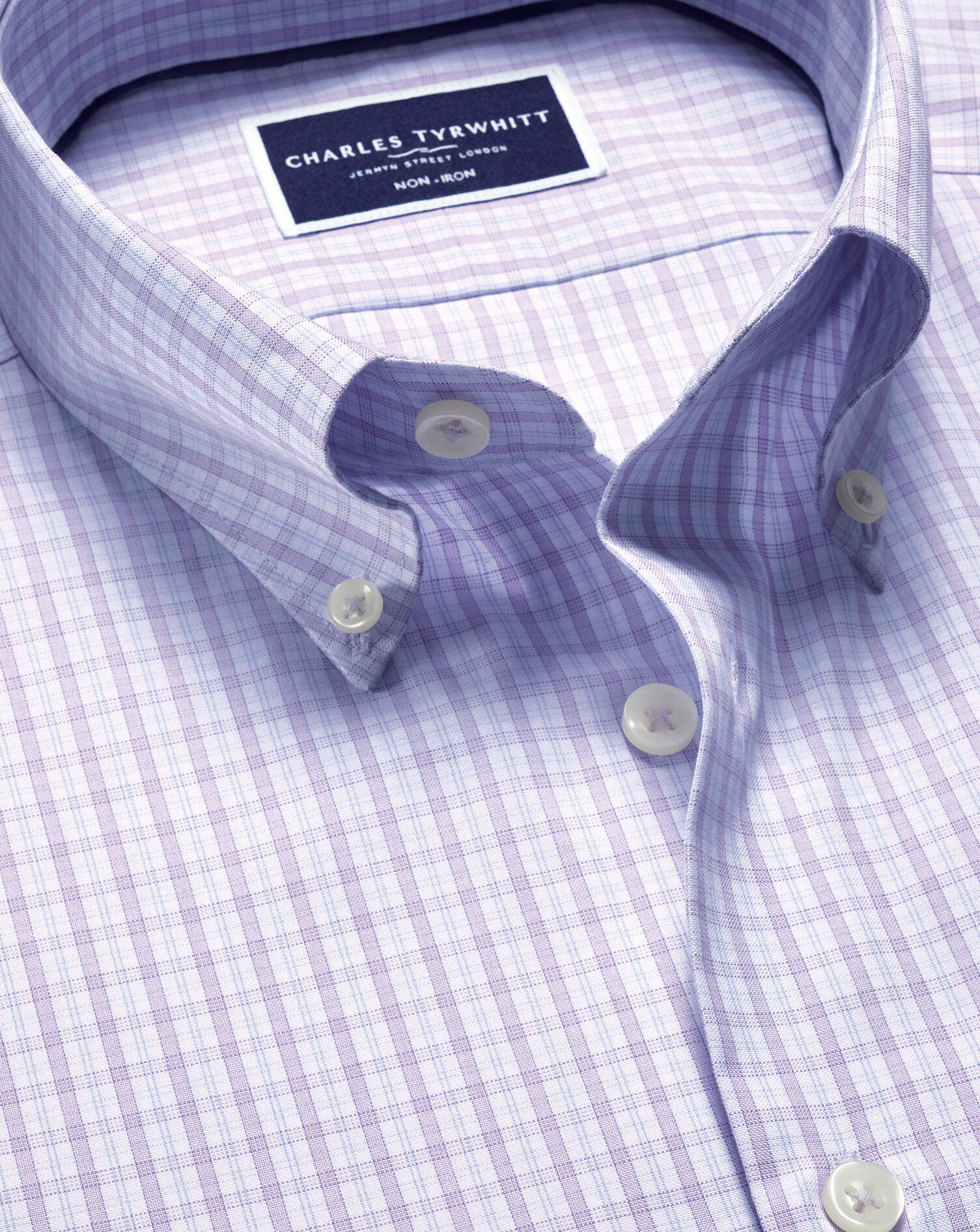 Button-Down Non-Iron Oxford Grid Check Shirt - Lilac Purple