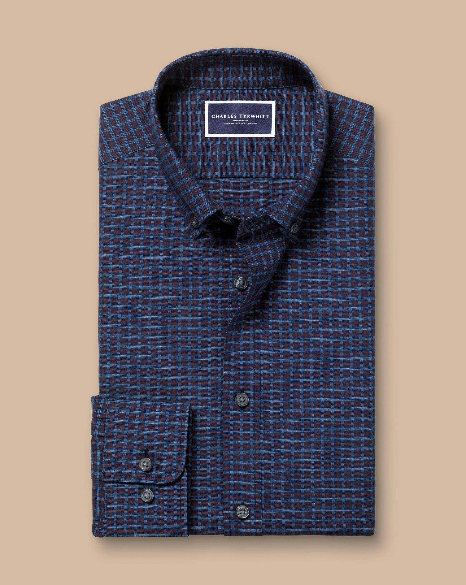 Brushed Cotton Twill Check Shirt - Indigo Blue & Red