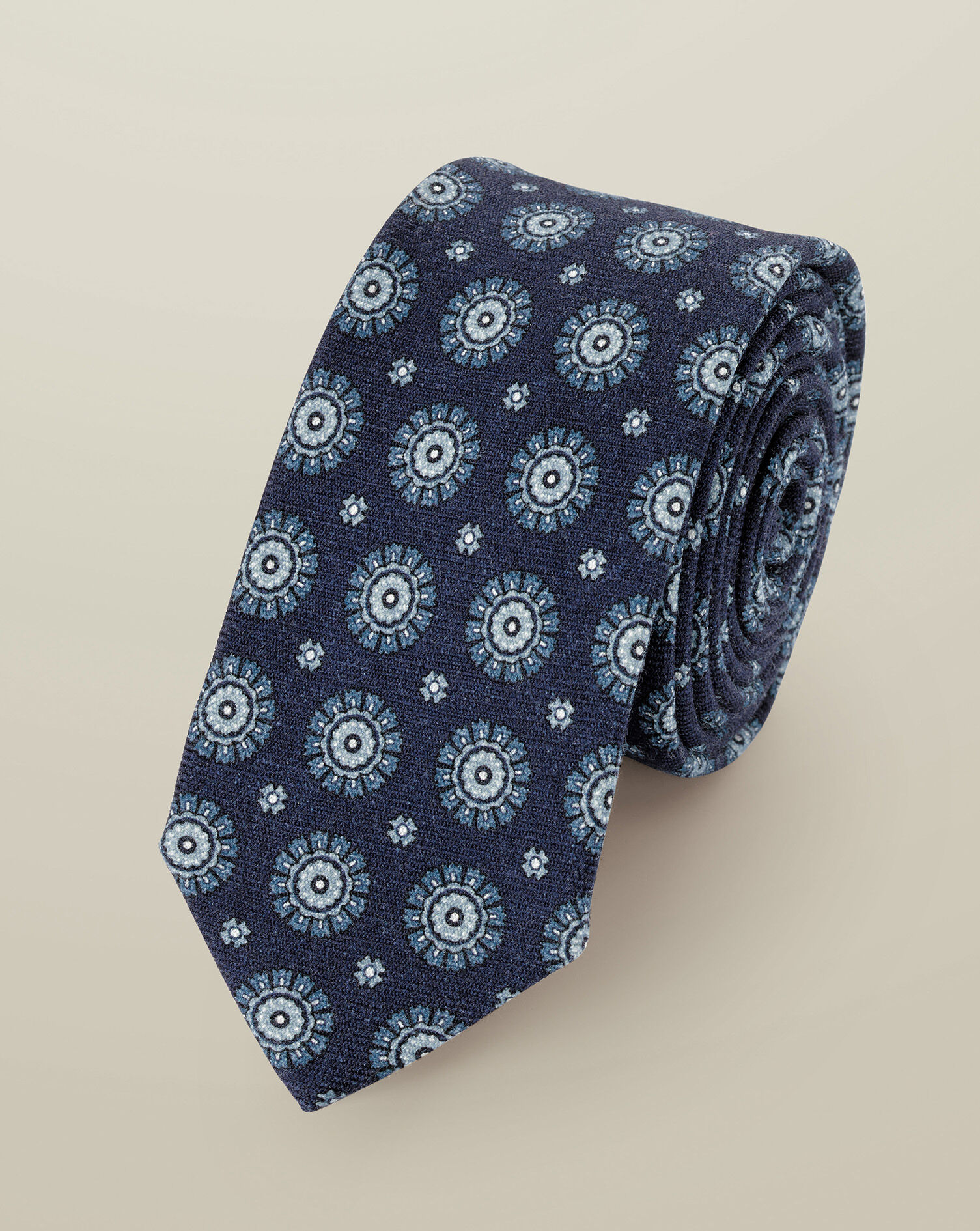 Wool Medallion Print Slim Tie - French Blue