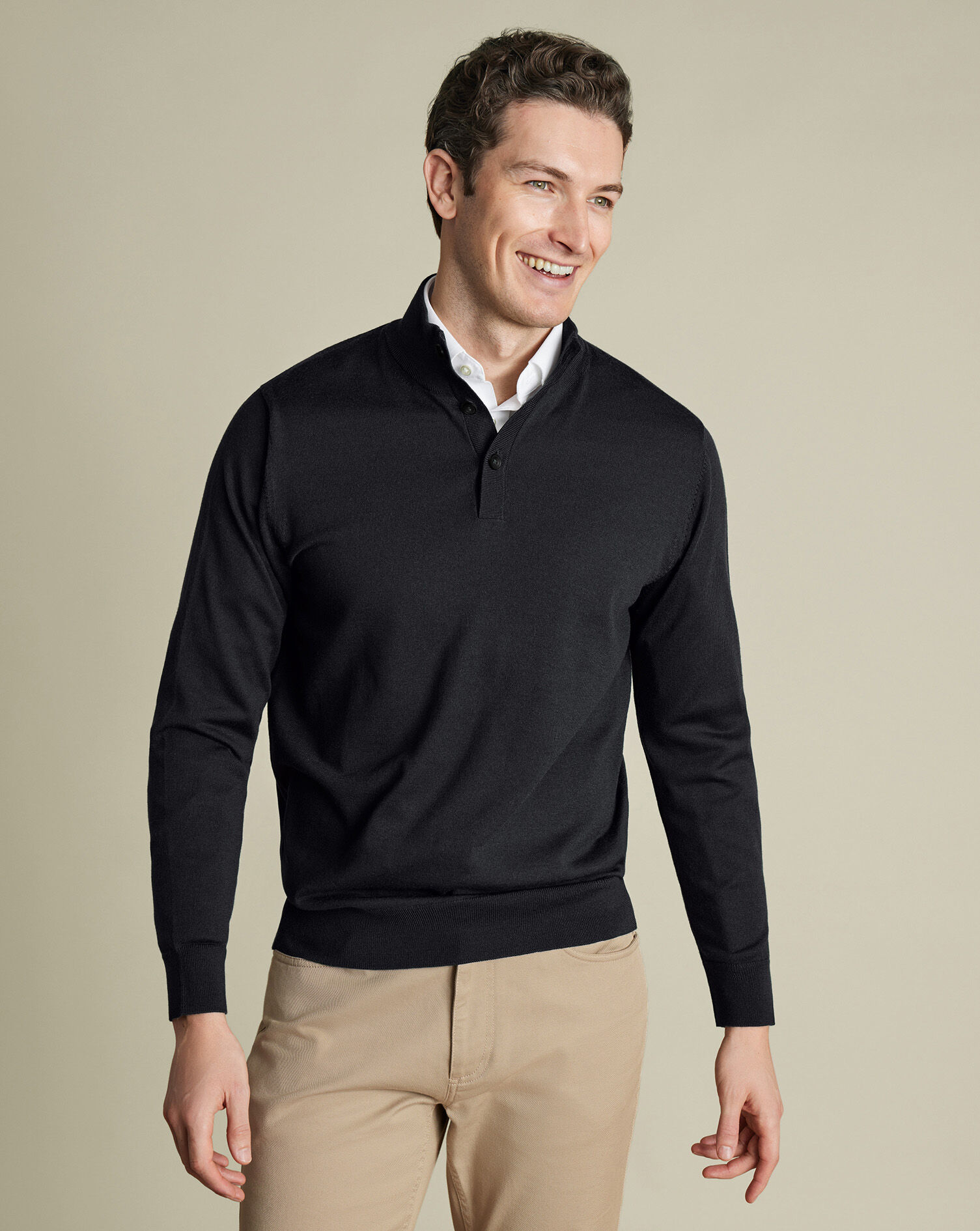 Merino Button Neck Sweater - Dark Charcoal