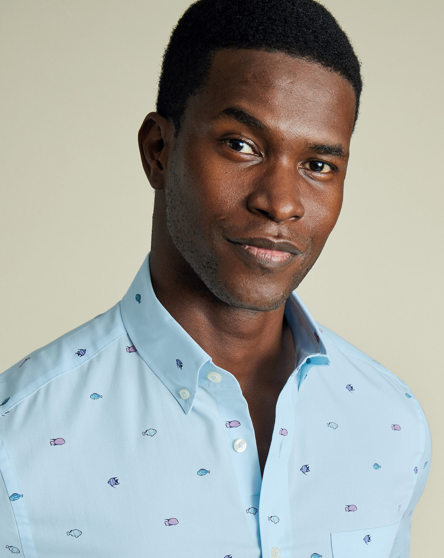 Non-Iron Poplin Fish Print Short Sleeve Shirt - Sky Blue