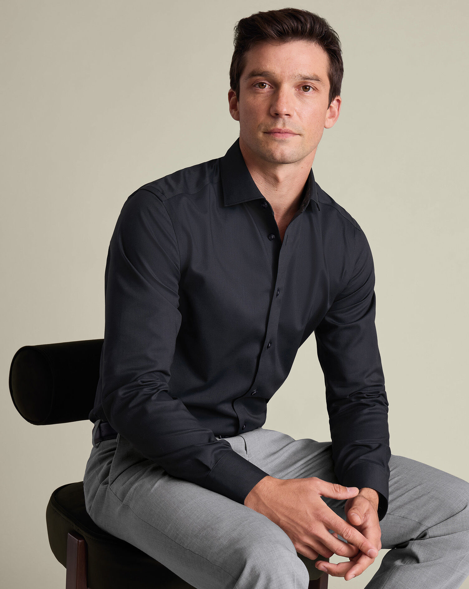 Non-Iron Stretch Printed Trim Shirt - Charcoal