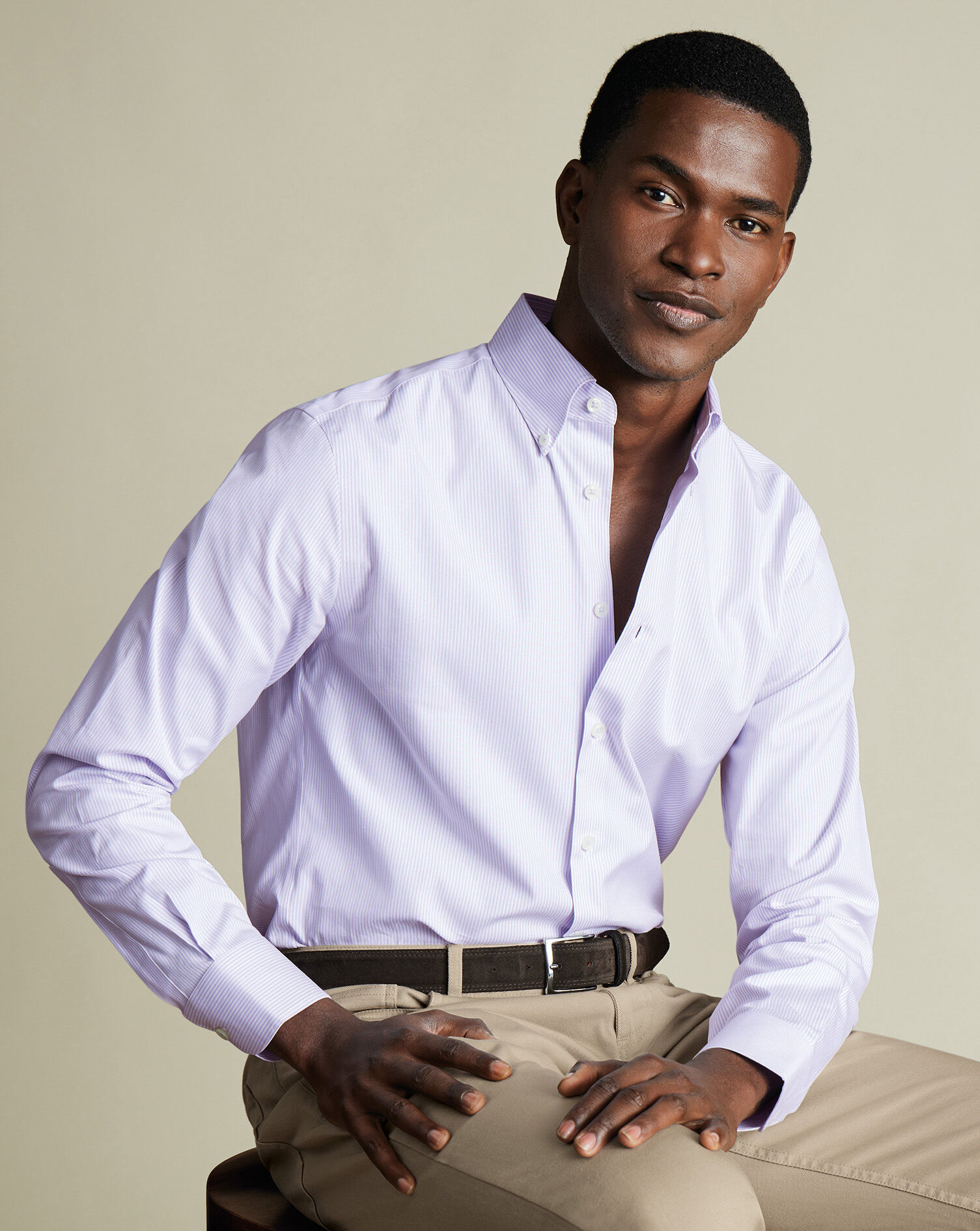 Button-Down Non-Iron Oxford Stripe Shirt - Lilac Purple