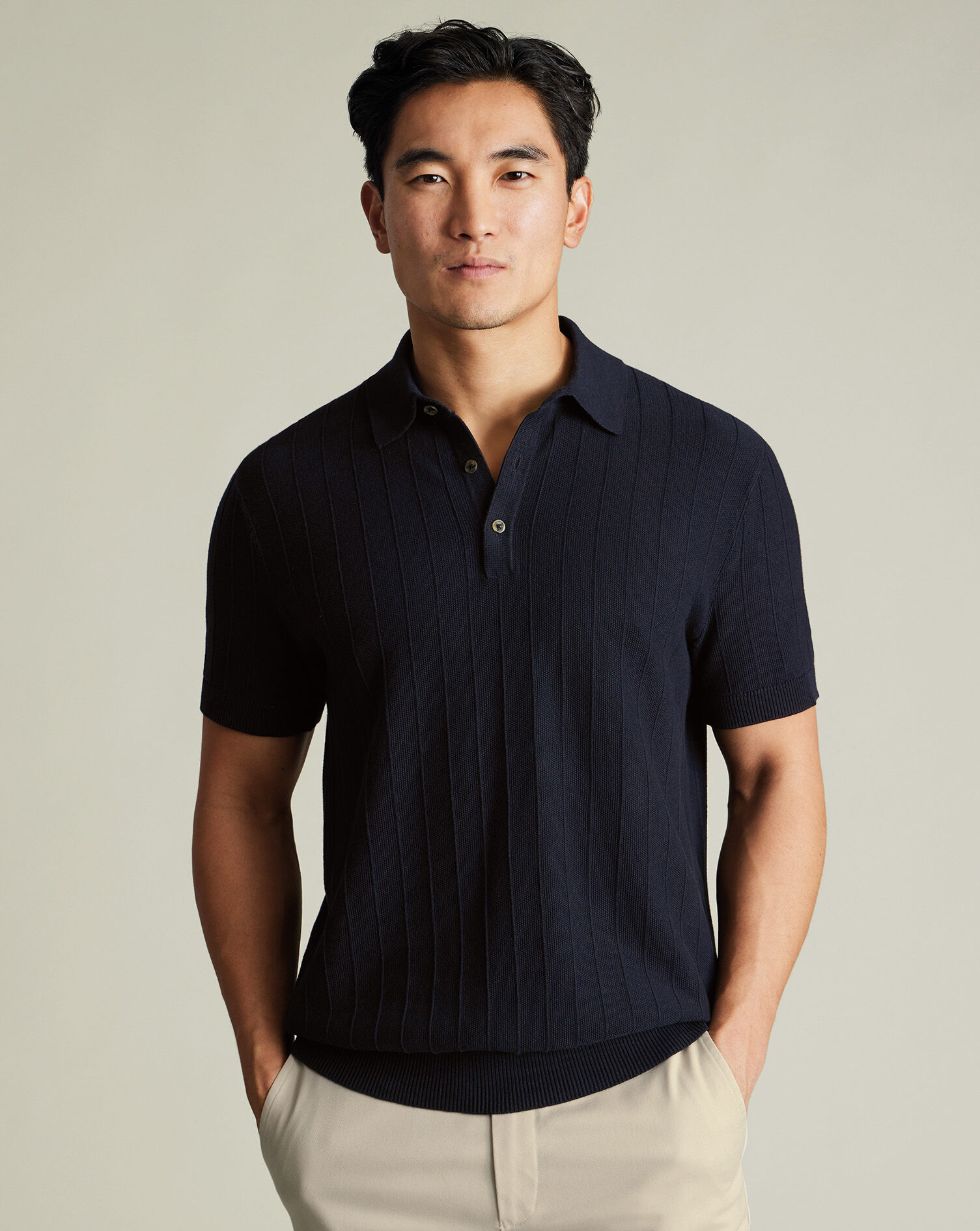 Cotton Textured Knitted Polo - Navy
