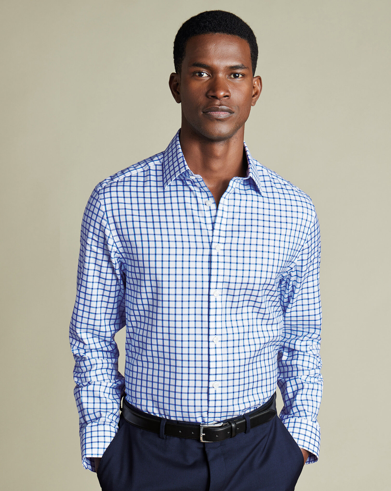 Non-Iron Twill Grid Check Shirt - Cobalt Blue