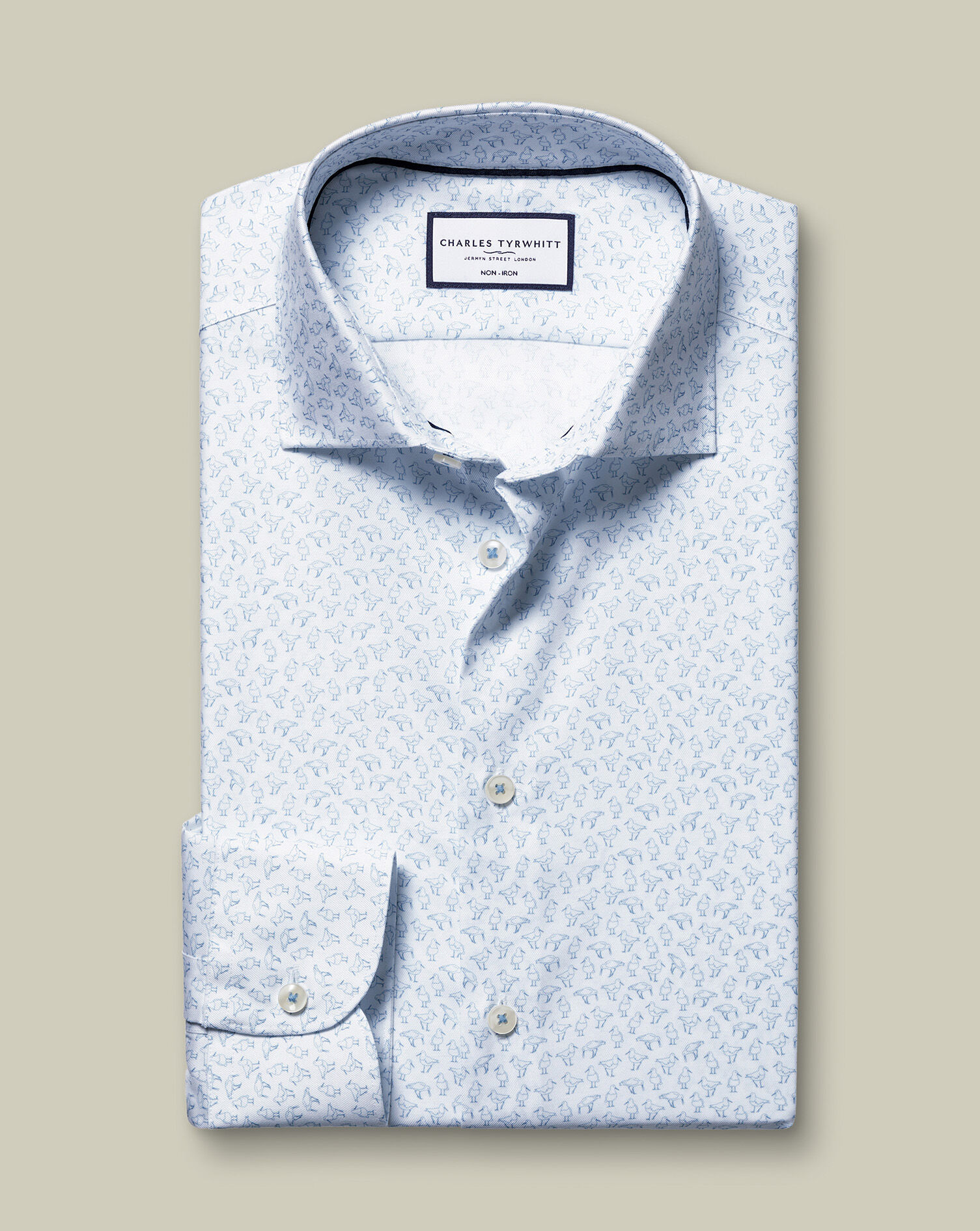 Non-Iron Stretch Bird Print Shirt - Steel Blue