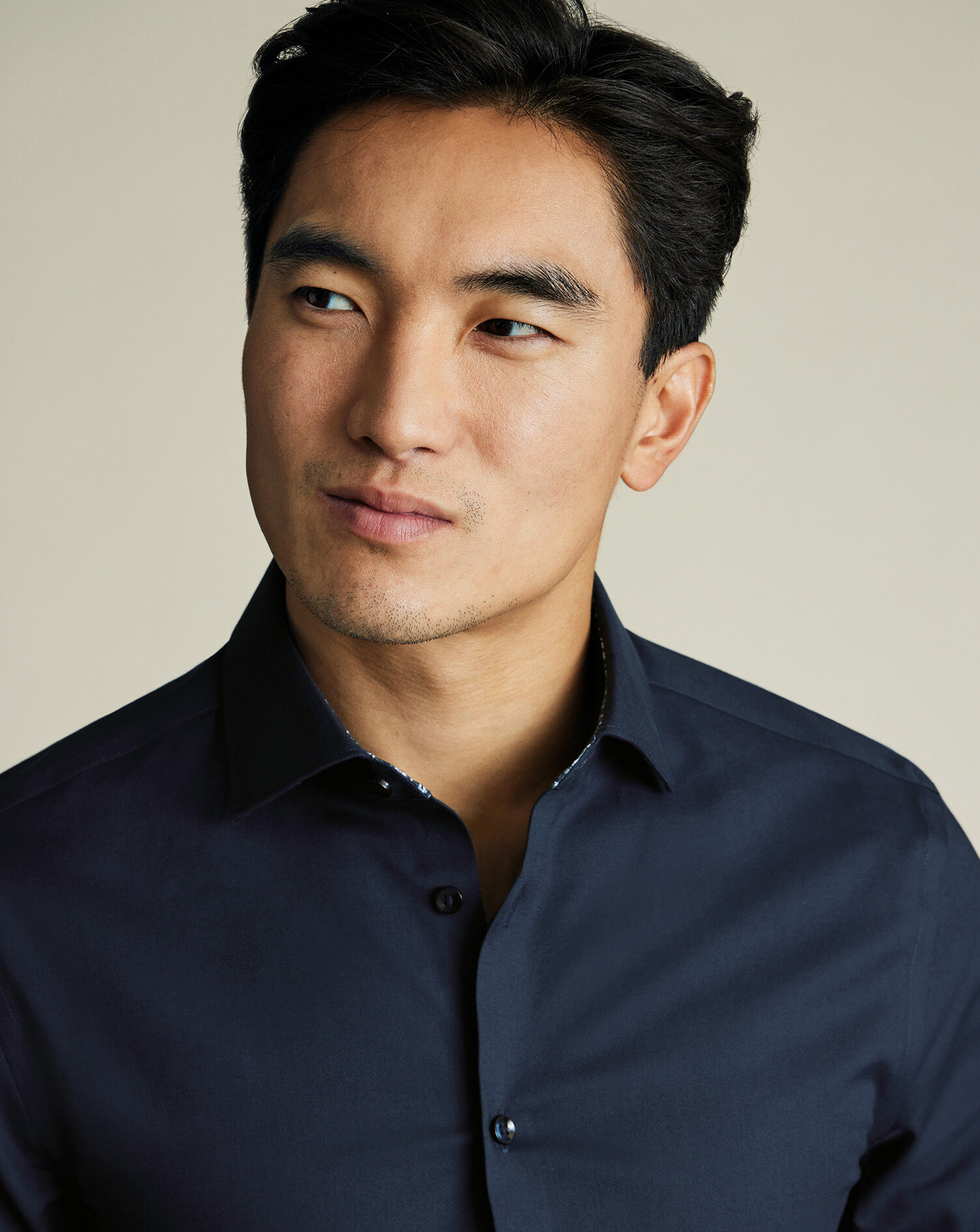 Non-Iron Stretch Printed Trim Shirt - Navy