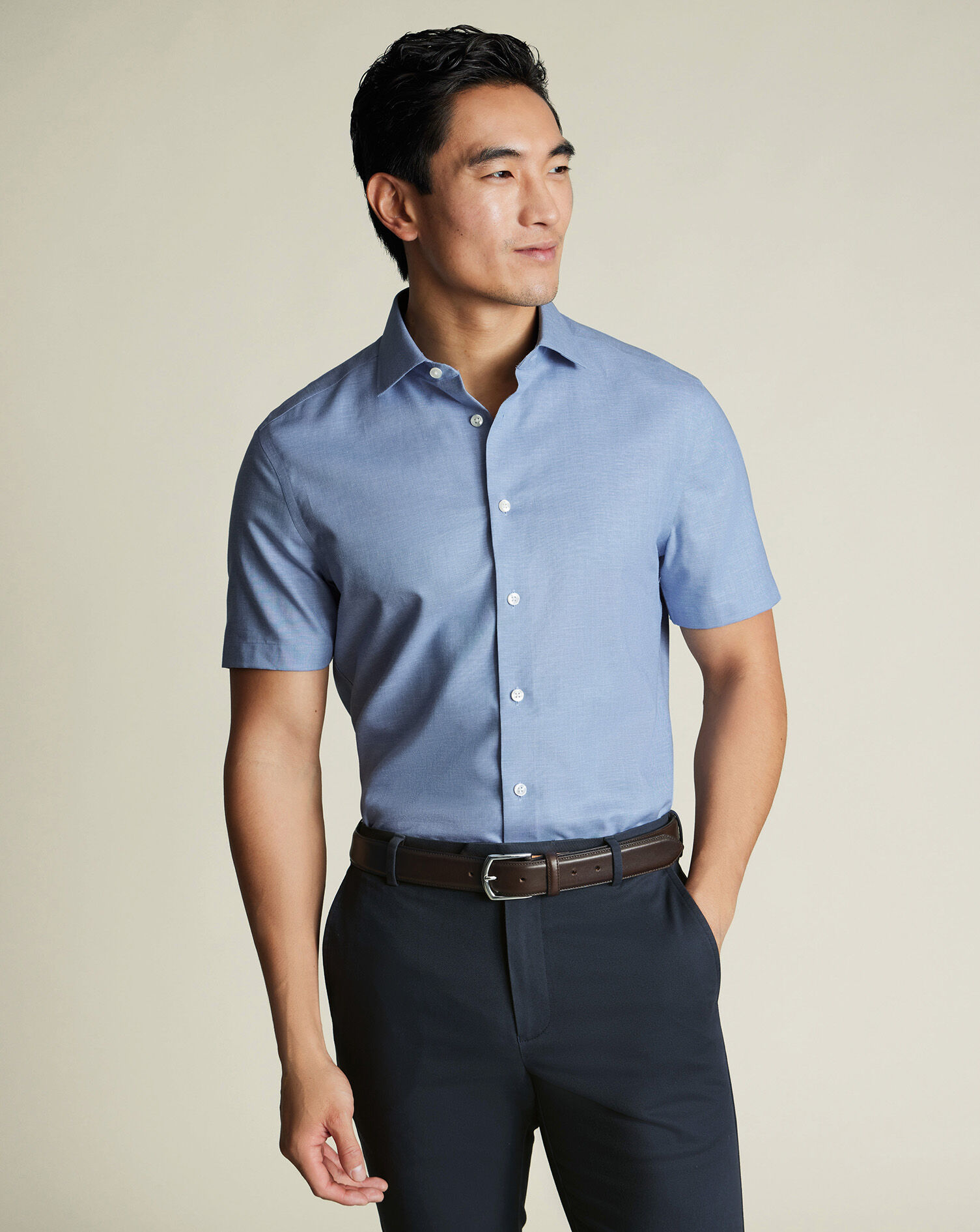 Non-Iron Cotton Linen Short Sleeve Shirt - Cornflower Blue