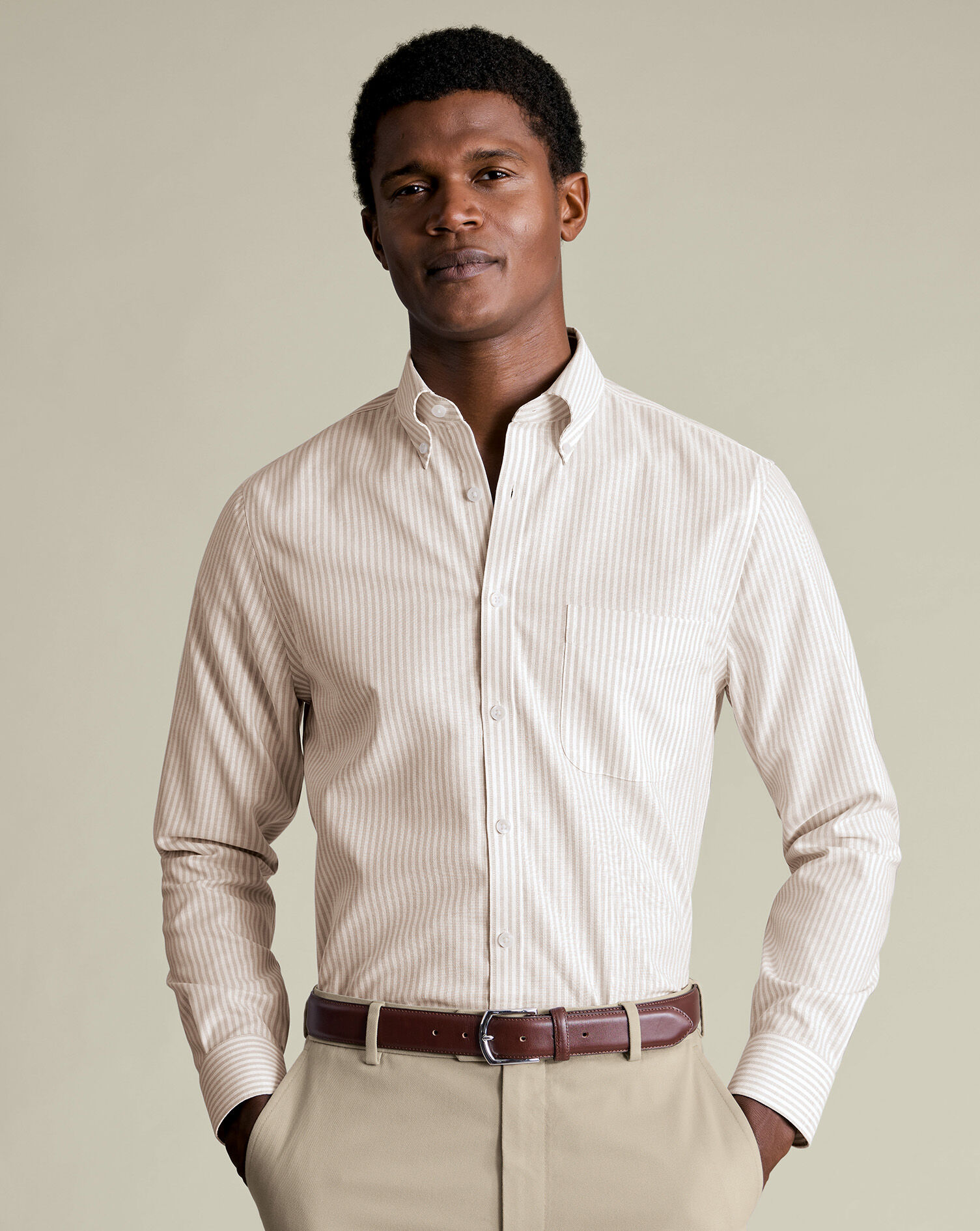 Non-Iron Stretch Oxford Stripe Shirt - Taupe