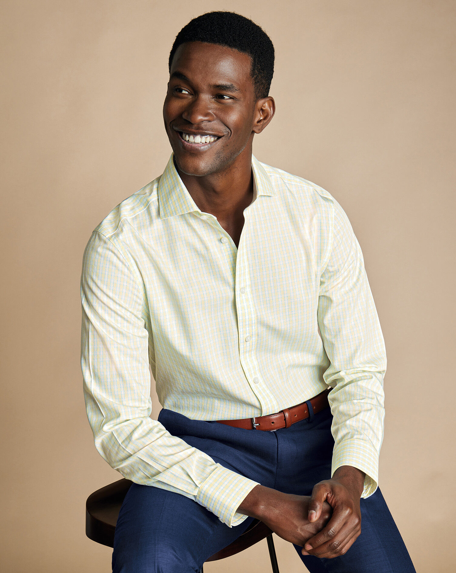 Spread Collar Non-Iron Poplin Check Shirt - Lemon