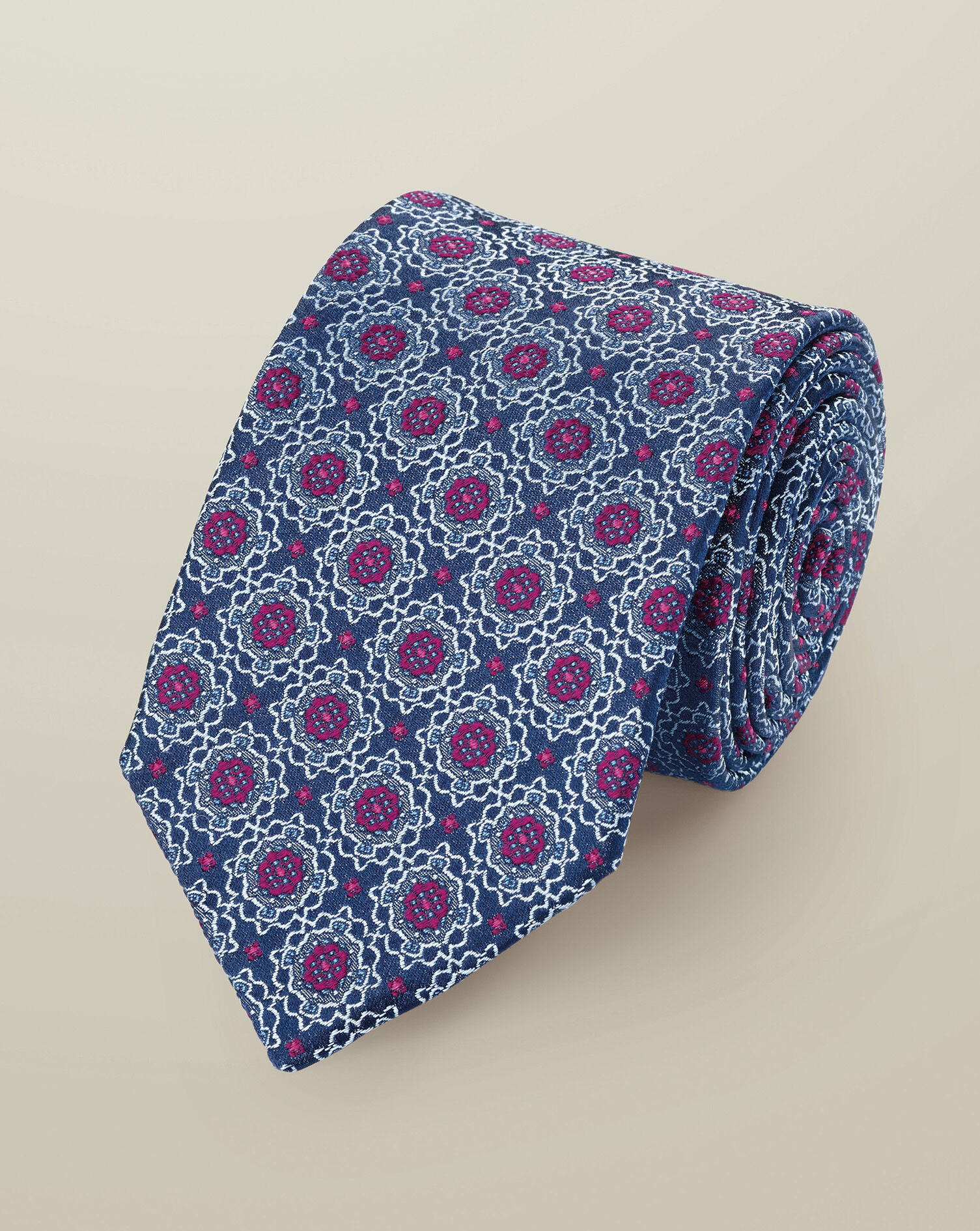 Silk Geo Print Tie - Navy & Dark Pink