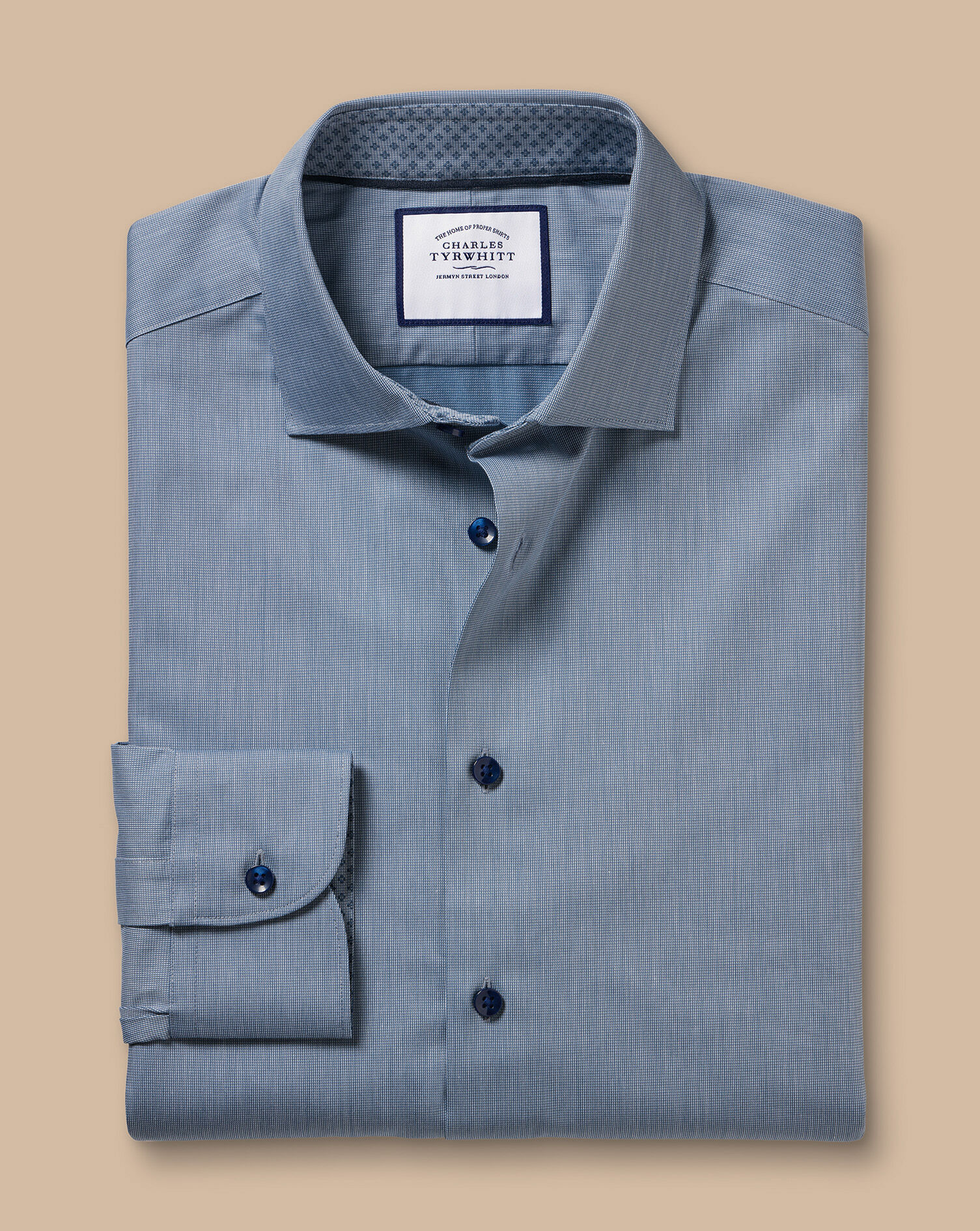 Semi-Spread Collar Twill Shirt with Printed Trim - Steel Blue