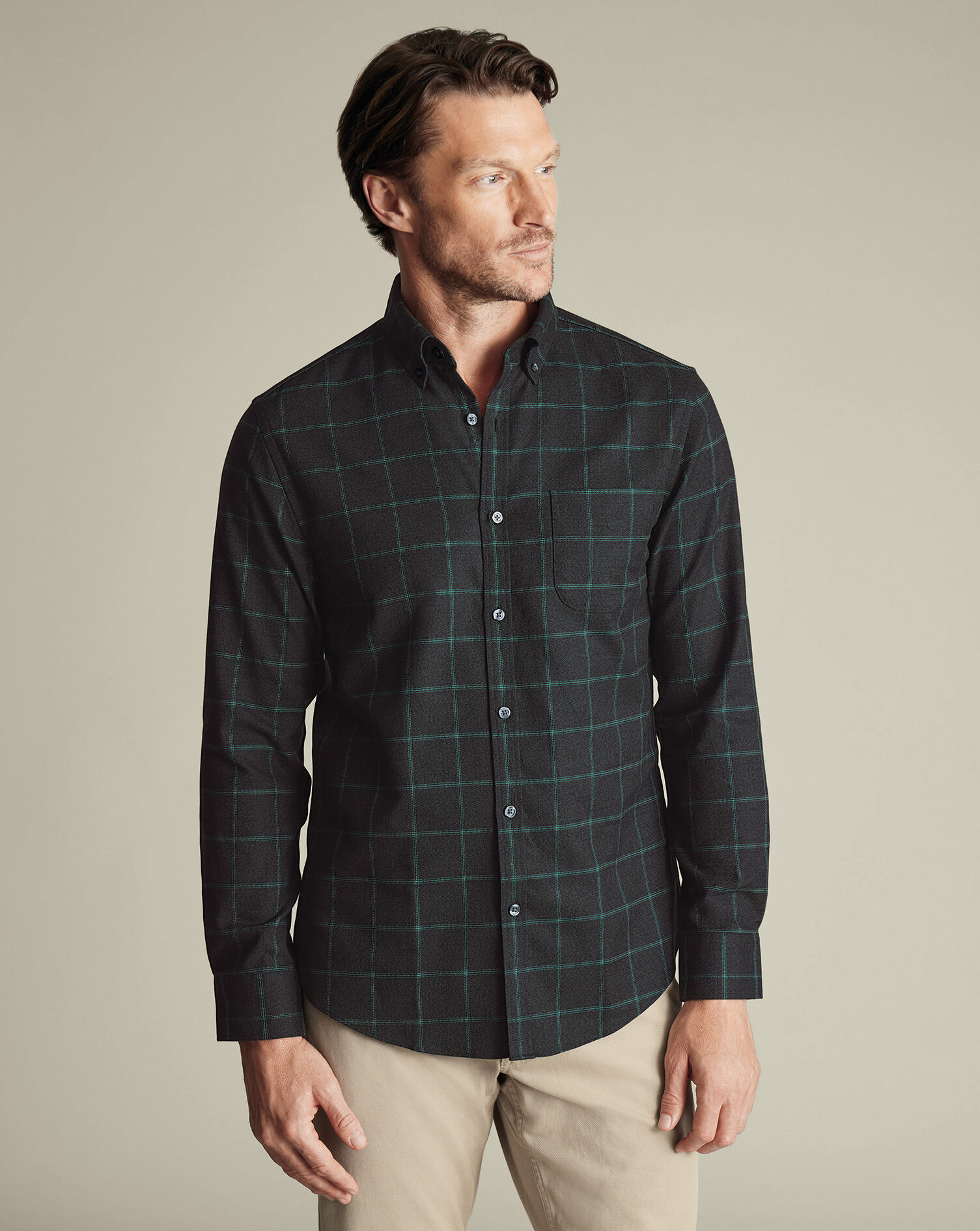 Non-Iron Twill Windowpane Check Shirt - Gray & Green