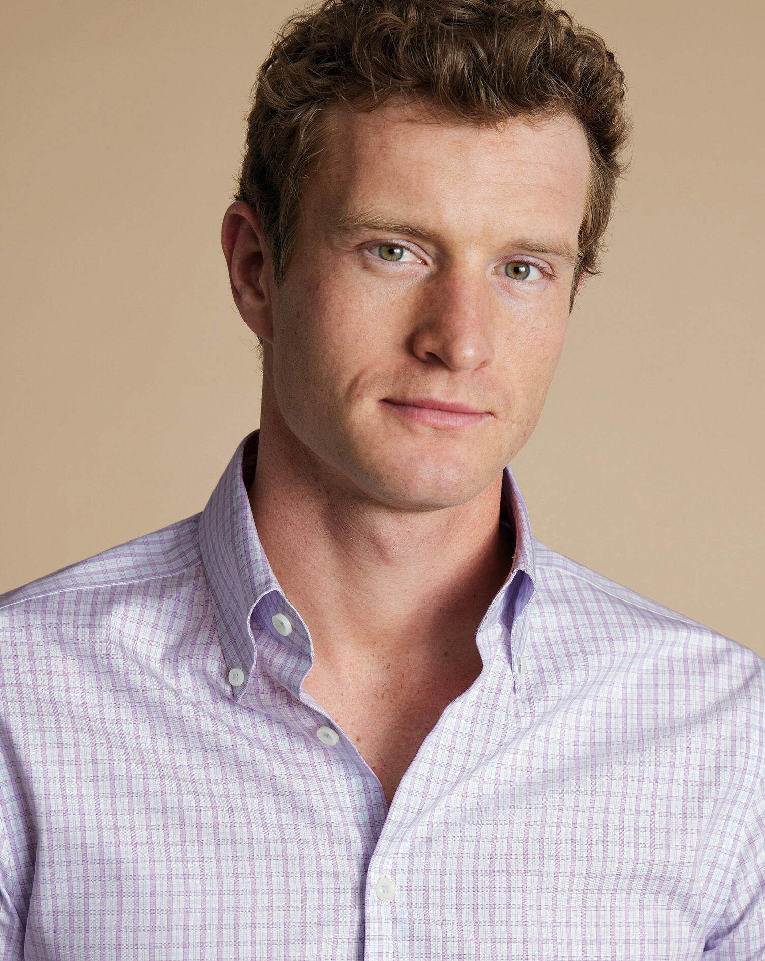 Button-Down Non-Iron Oxford Grid Check Shirt - Lilac Purple