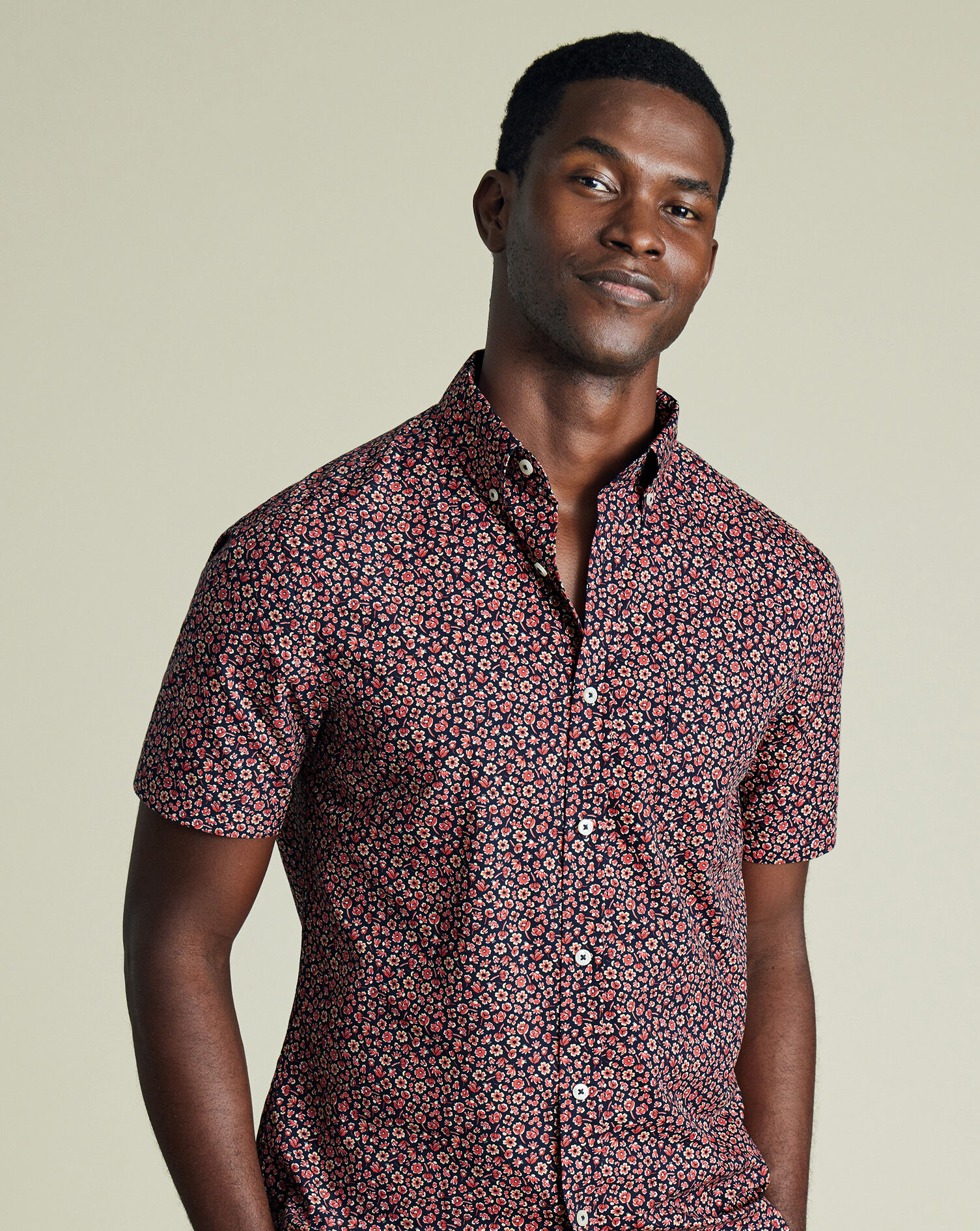 Non-Iron Poplin Floral Print Short Sleeve Shirt - Dark Navy