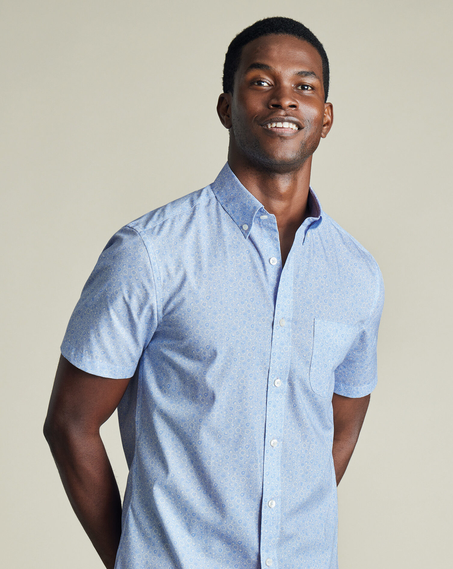 Non-Iron Poplin Floral Print Short Sleeve Shirt - Sky Blue