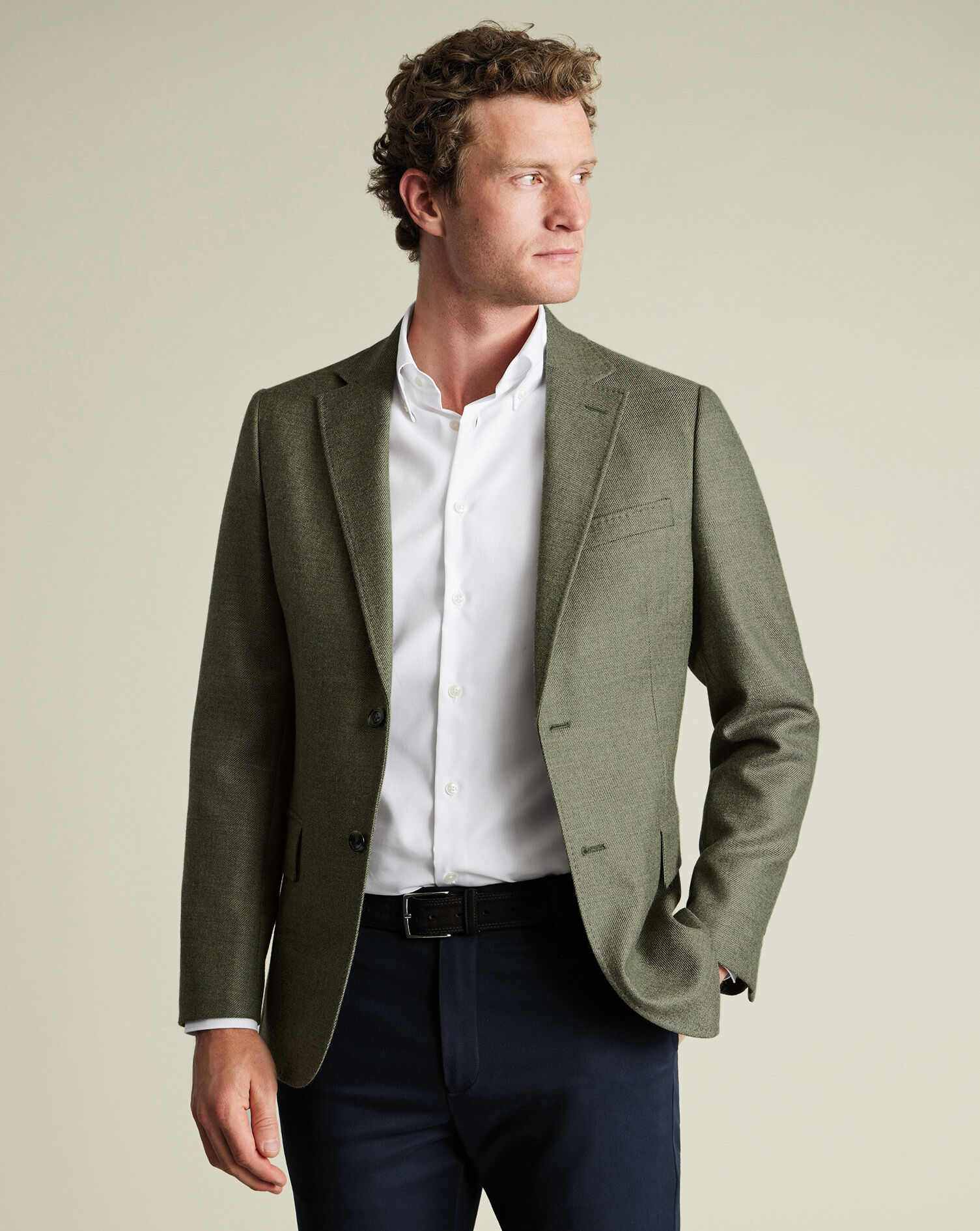 Wool Texture Twill  Jacket - Moss Green