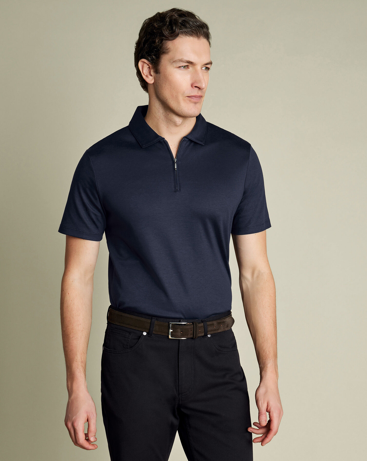 Zip-Neck Jersey Polo - Navy