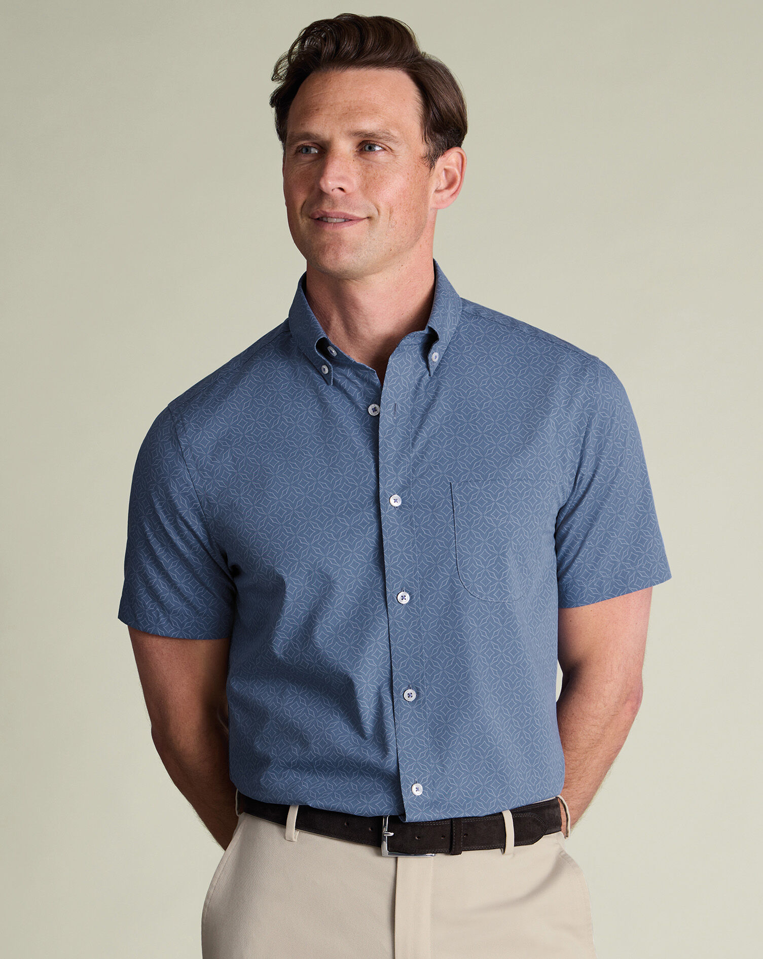 Non-Iron Stretch Geo Print Shirt - Denim Blue
