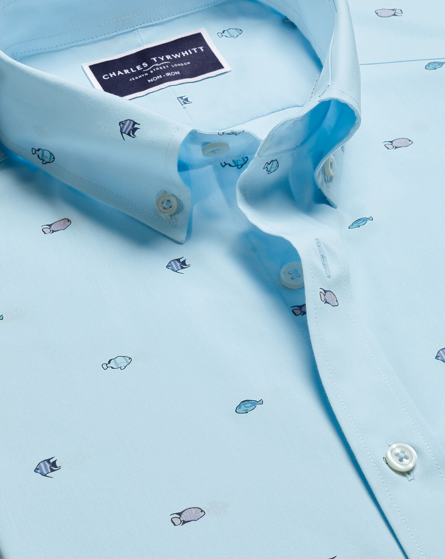 Non-Iron Poplin Fish Print Short Sleeve Shirt - Sky Blue