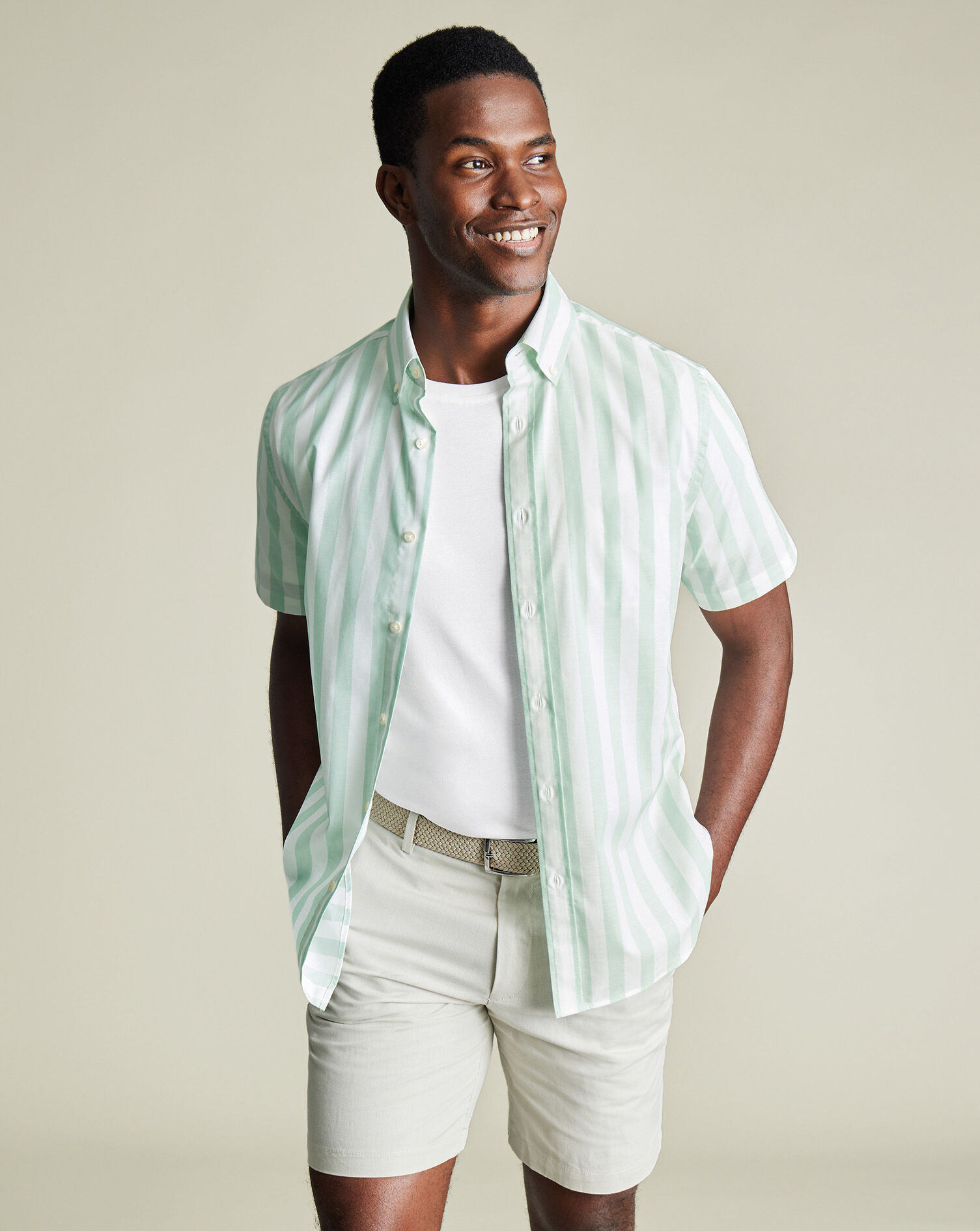 Non-Iron Stretch Poplin Slub Short Sleeve Shirt - Aqua