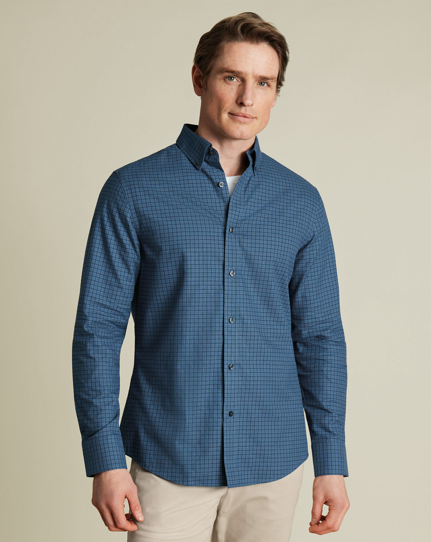 Brushed Cotton Twill Check Shirt - Petrol Blue