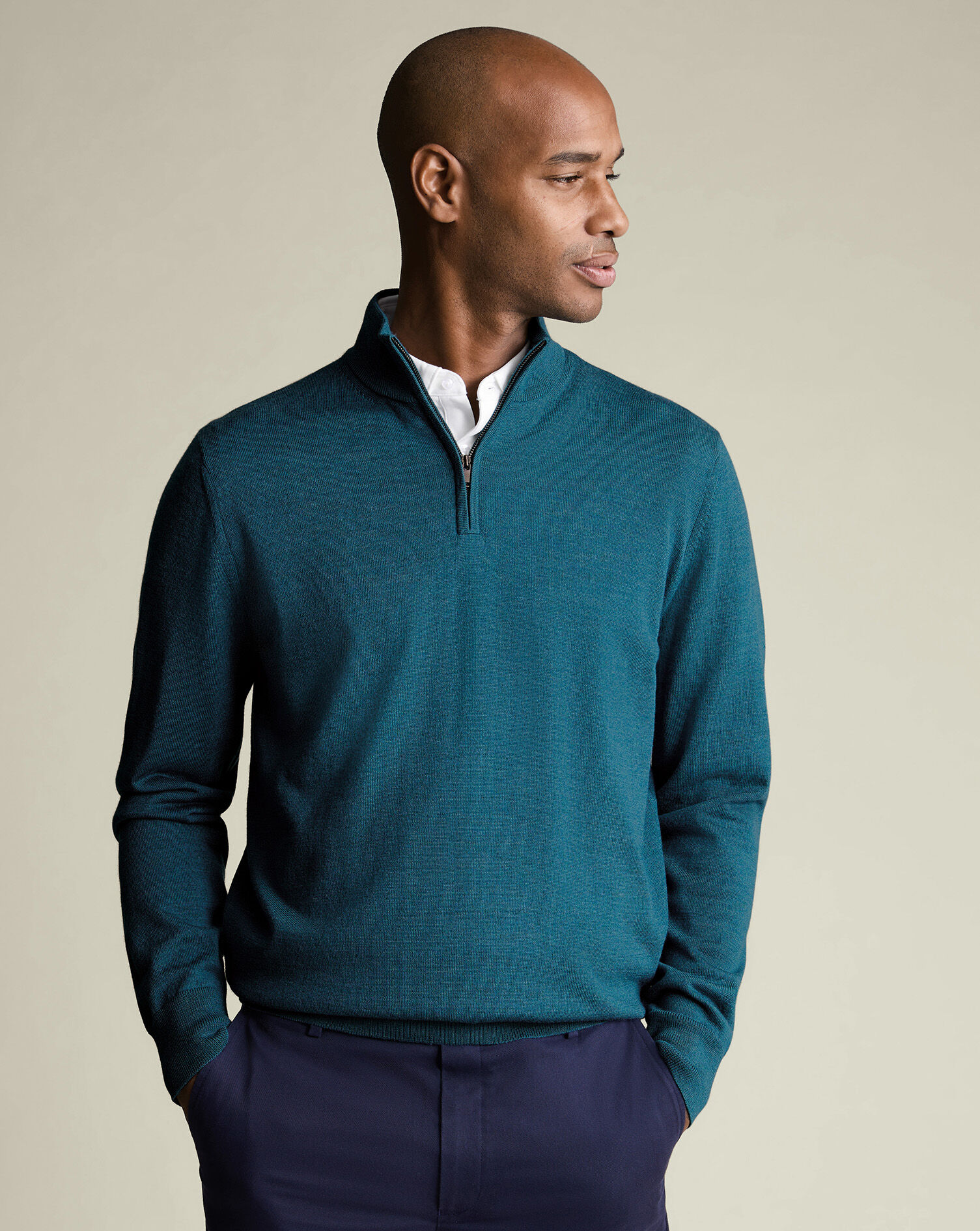 Pure Merino Quarter Zip Sweater - Teal