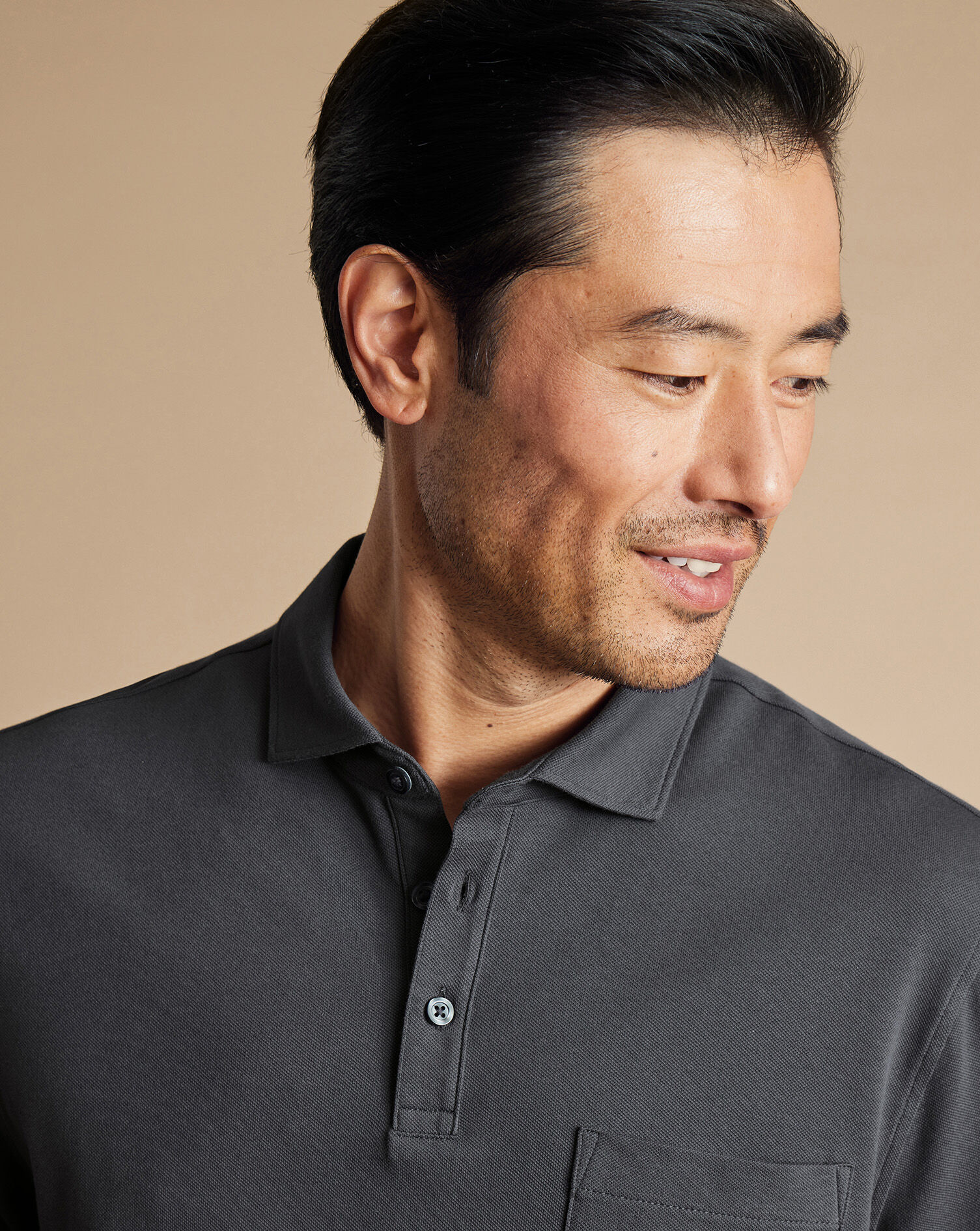 Long Sleeve Pique Polo - Charcoal Gray