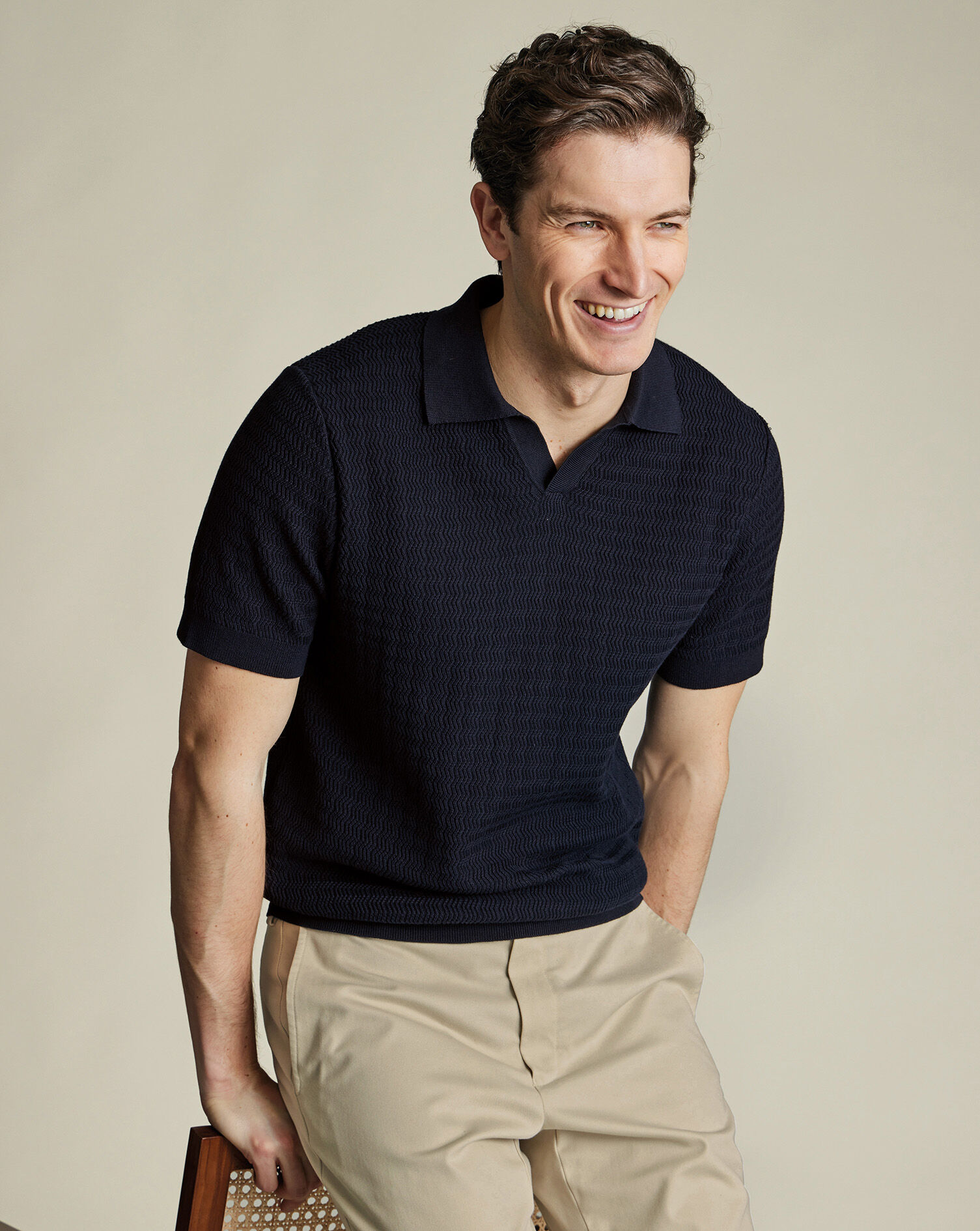 Cotton Trophy Neck Textured Knitted Polo - Navy