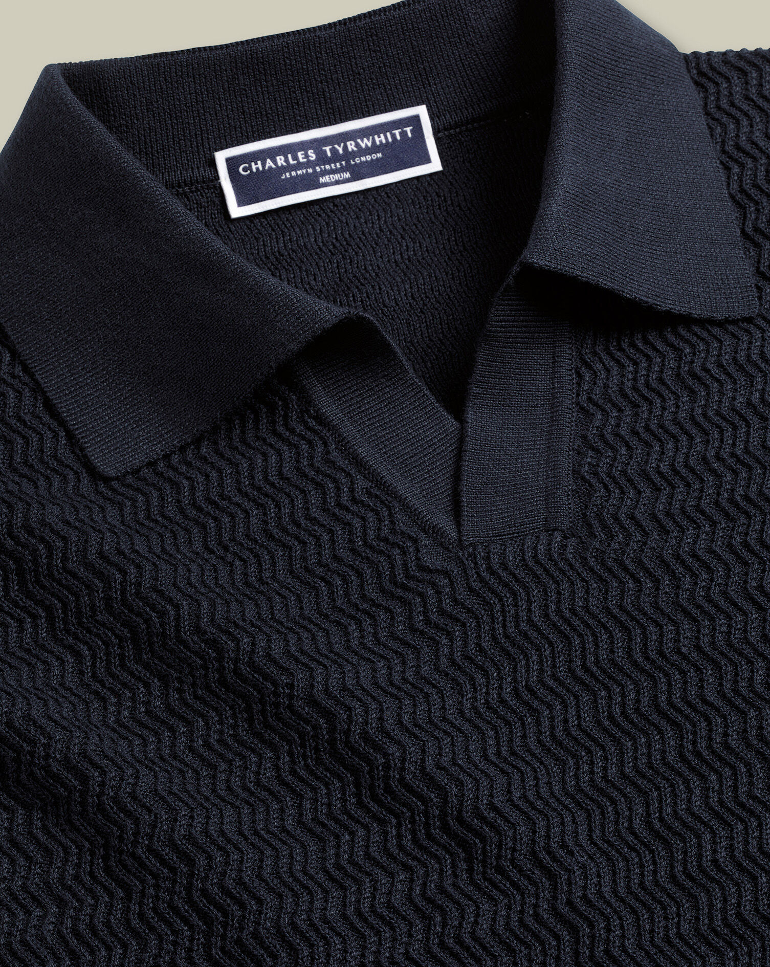 Cotton Trophy Neck Textured Knitted Polo - Navy