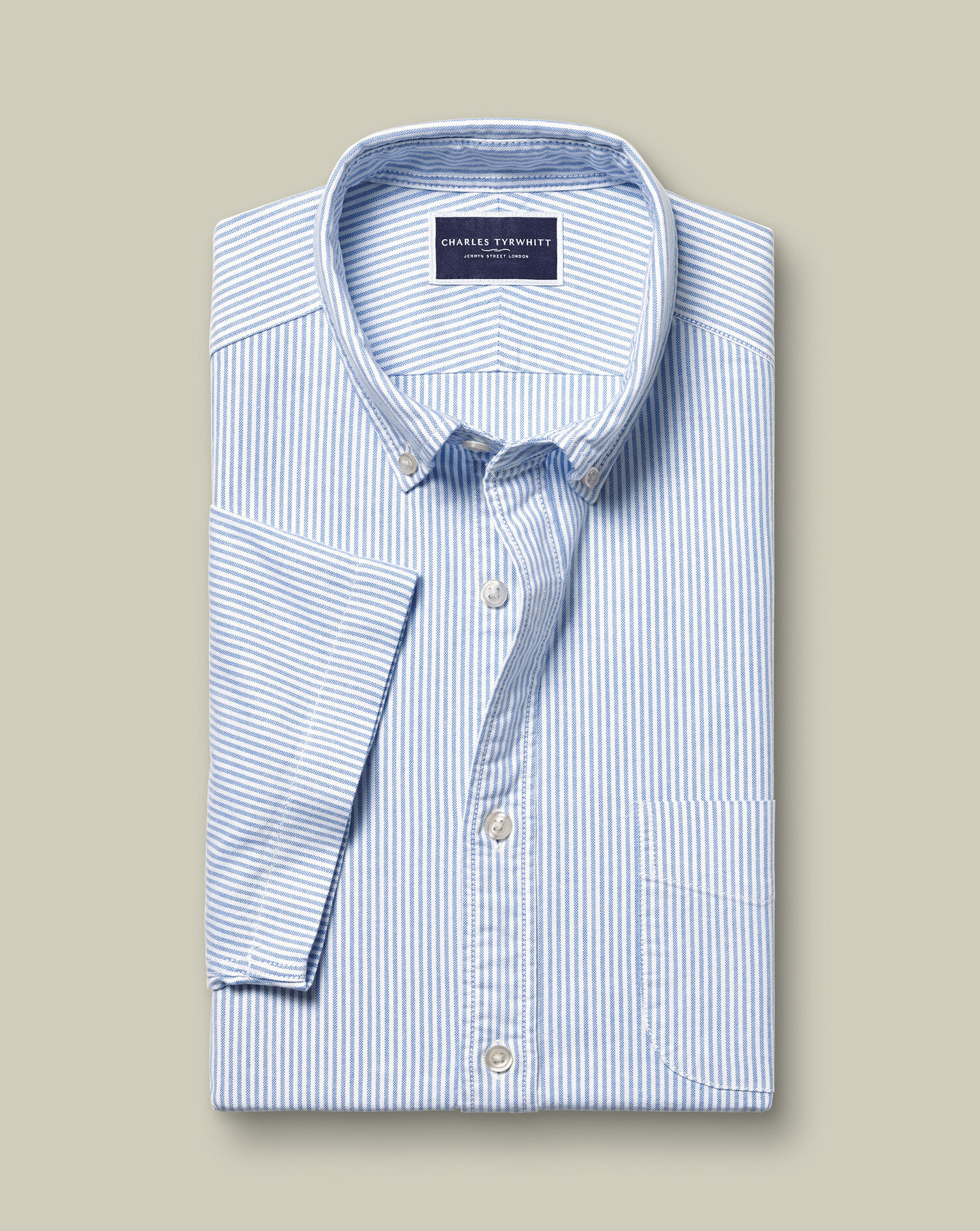 Washed Oxford Stripe Short Sleeve Shirt - Blue