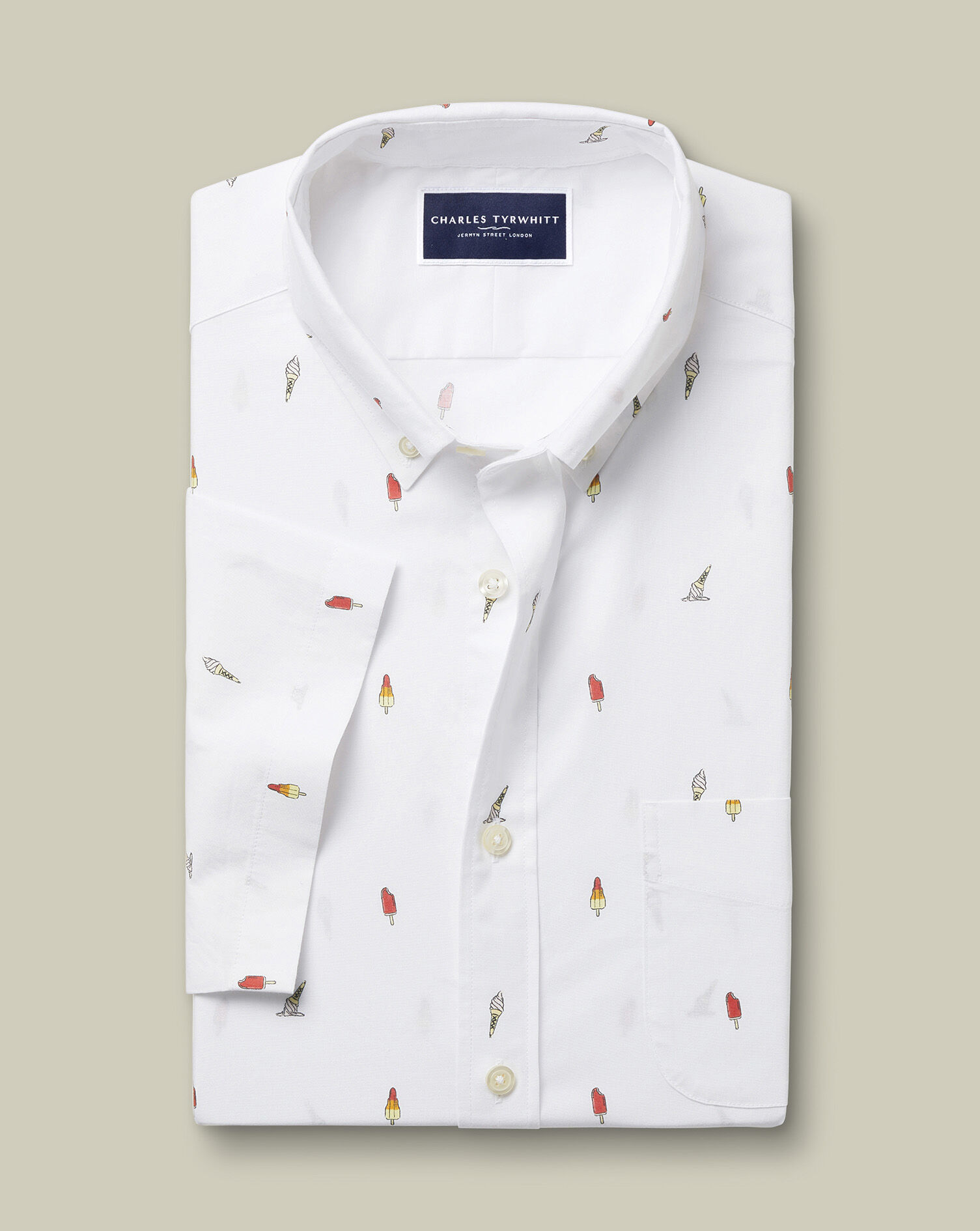 Non-Iron Poplin Ice Cream Print Short Sleeve Shirt - White