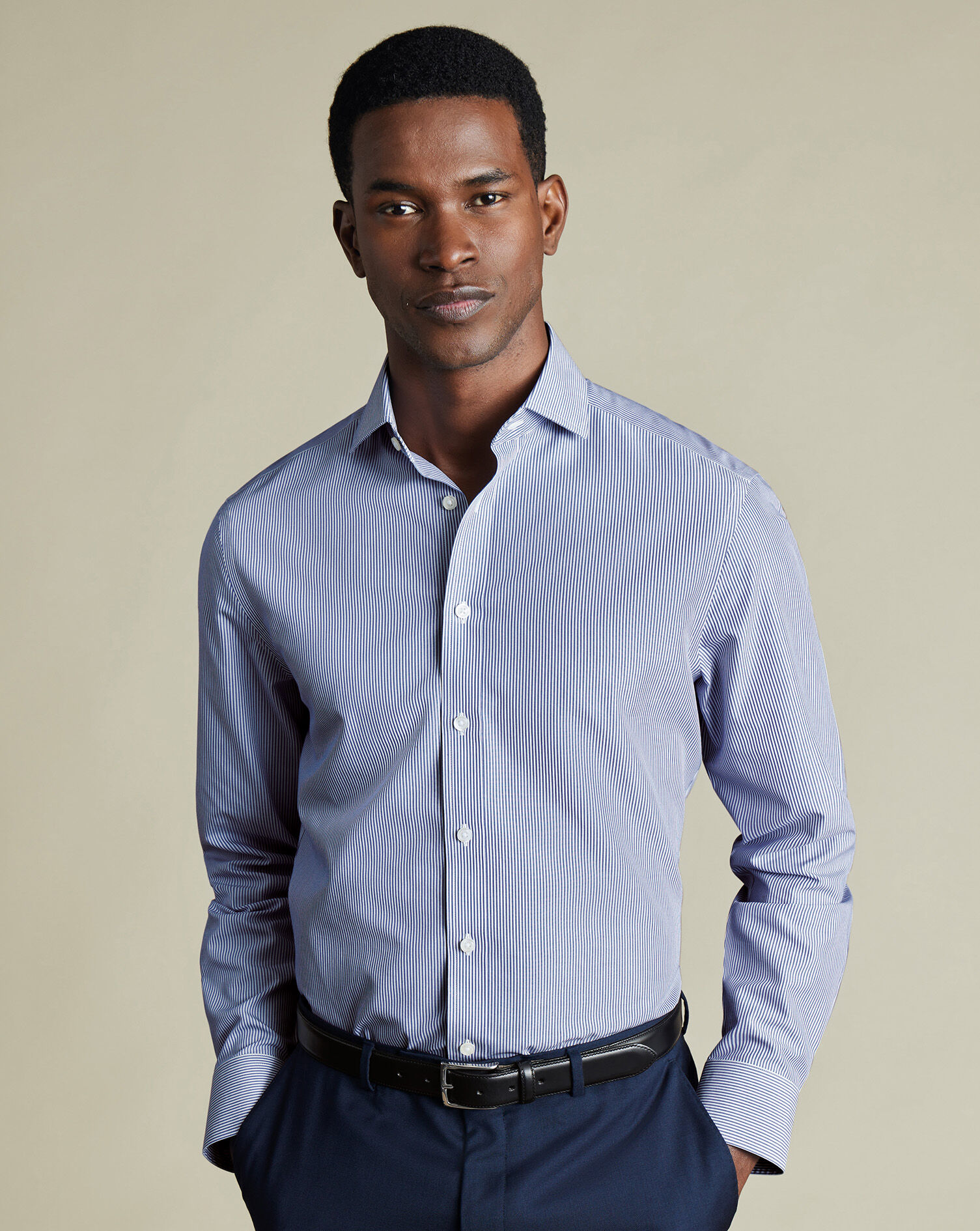 Spread Collar Non-Iron Poplin Bengal Stripe Shirt - Royal Blue