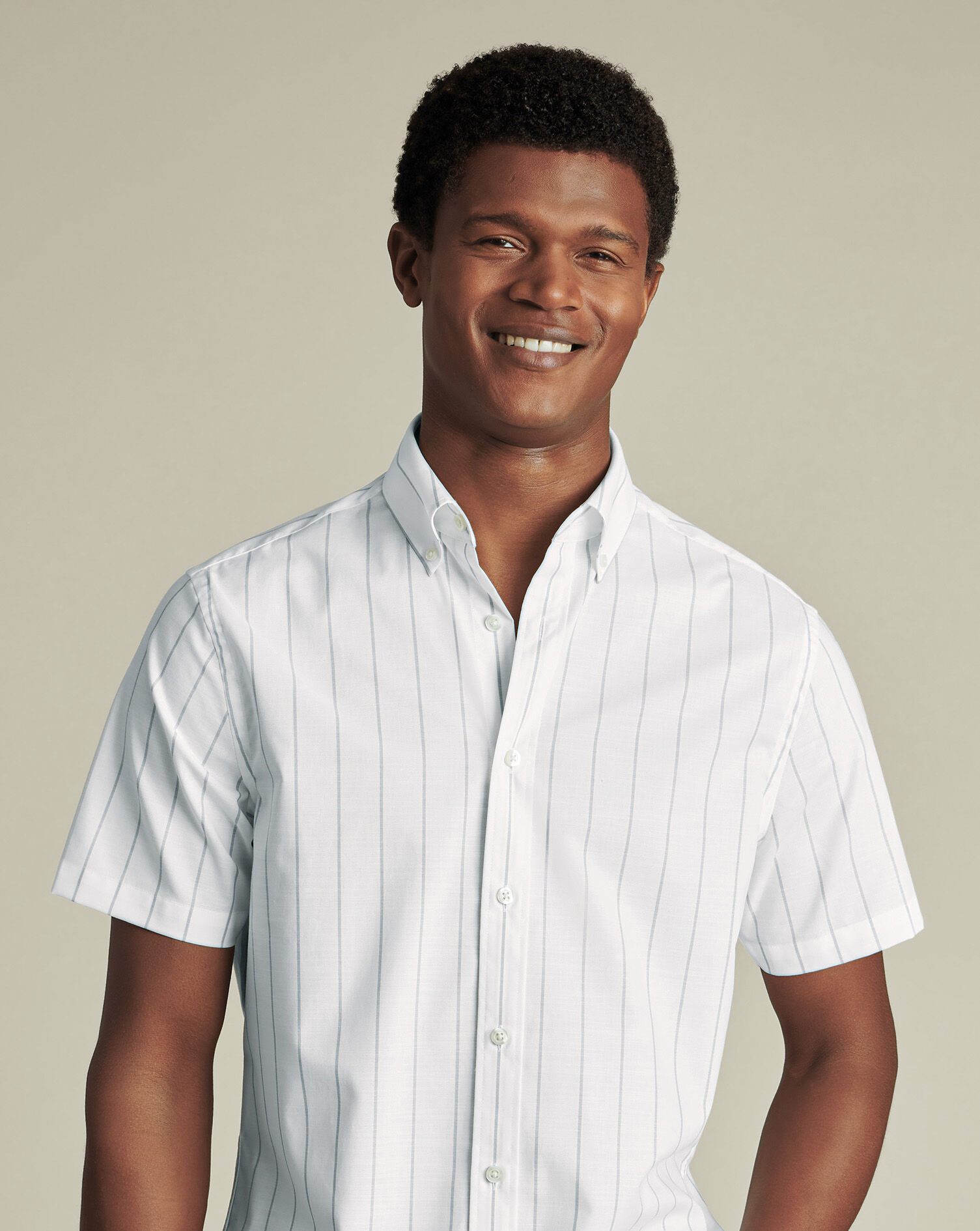 Non-Iron Stretch Poplin Slub Short Sleeve Shirt - White & Blue
