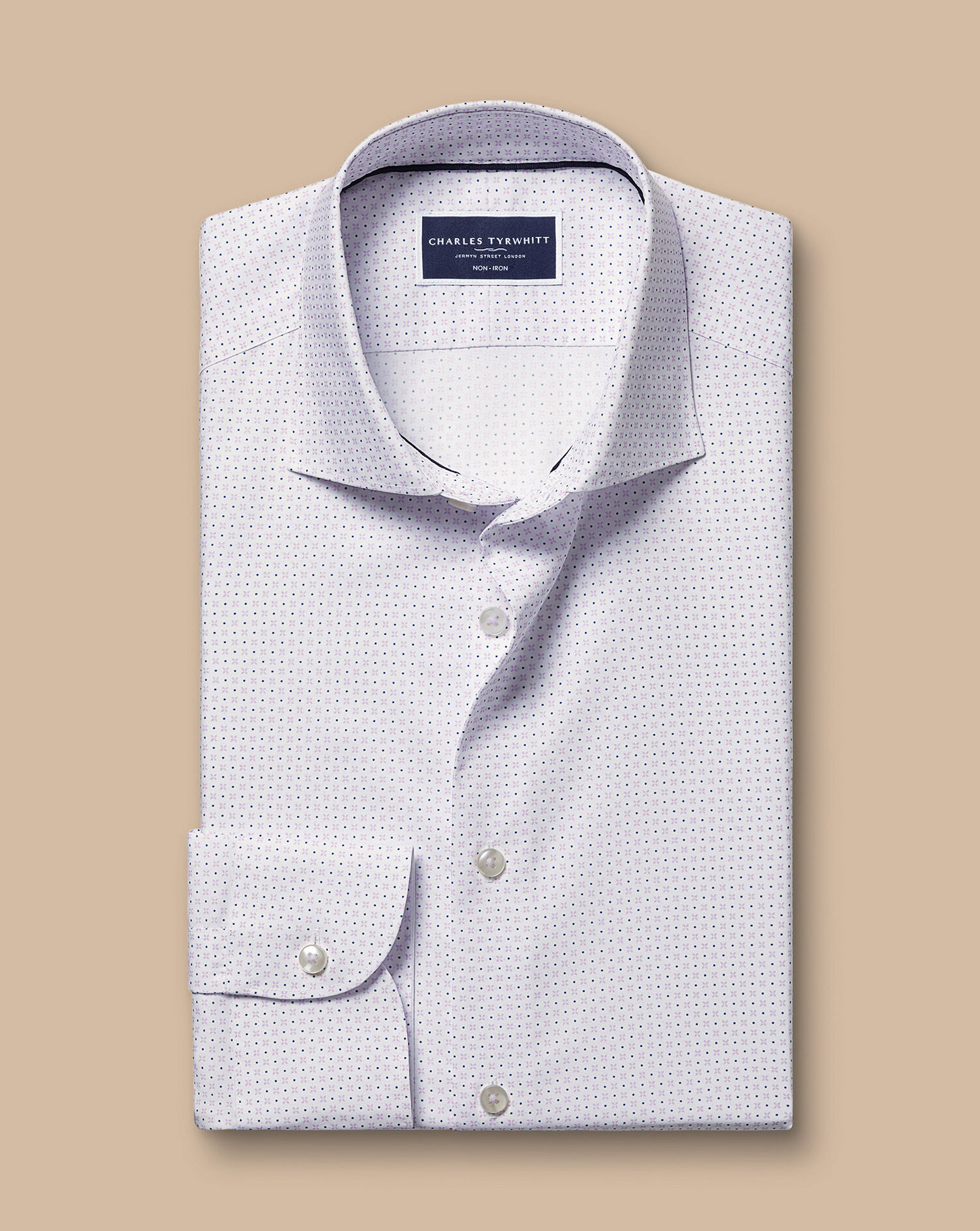 Semi-Spread Collar Non-Iron Stretch Poplin Geo Print Shirt - White & Lilac