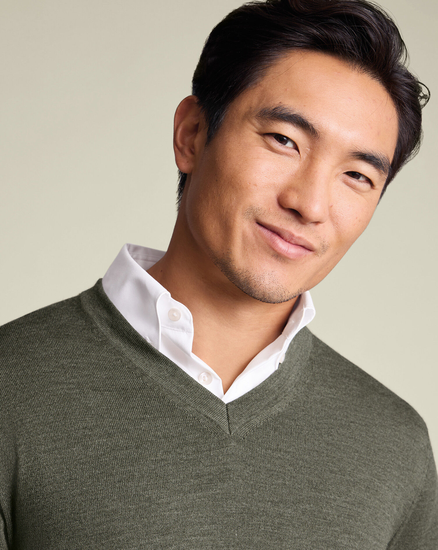 Pure Merino V-Neck Sweater - Olive Green