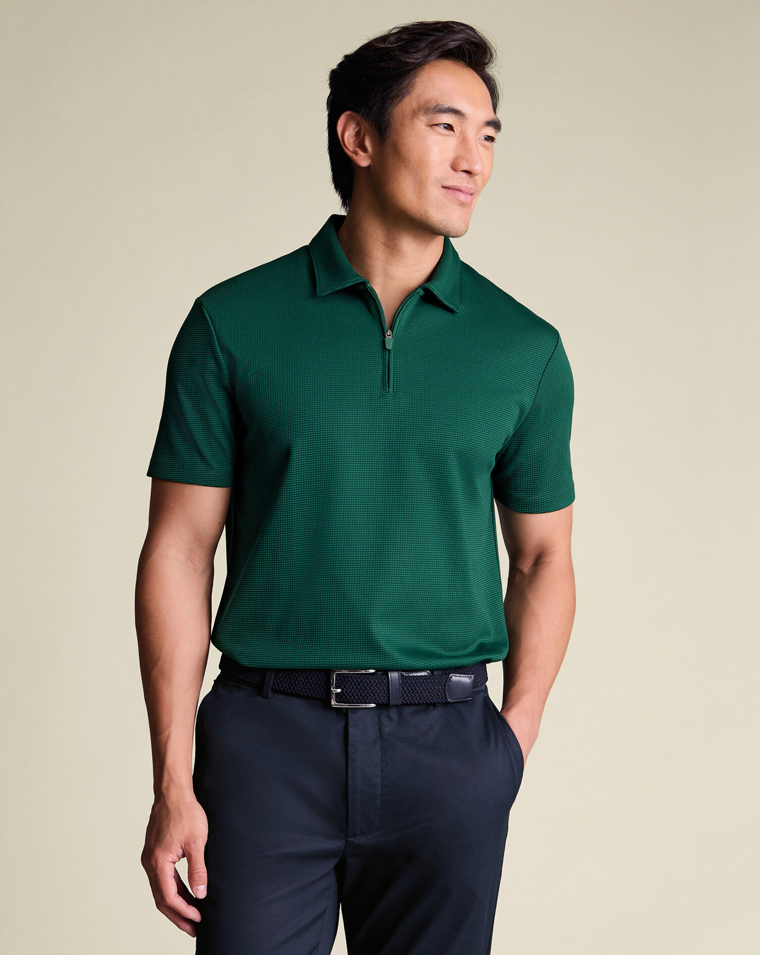 Performance Textured Zip-Neck Polo - Dark Green