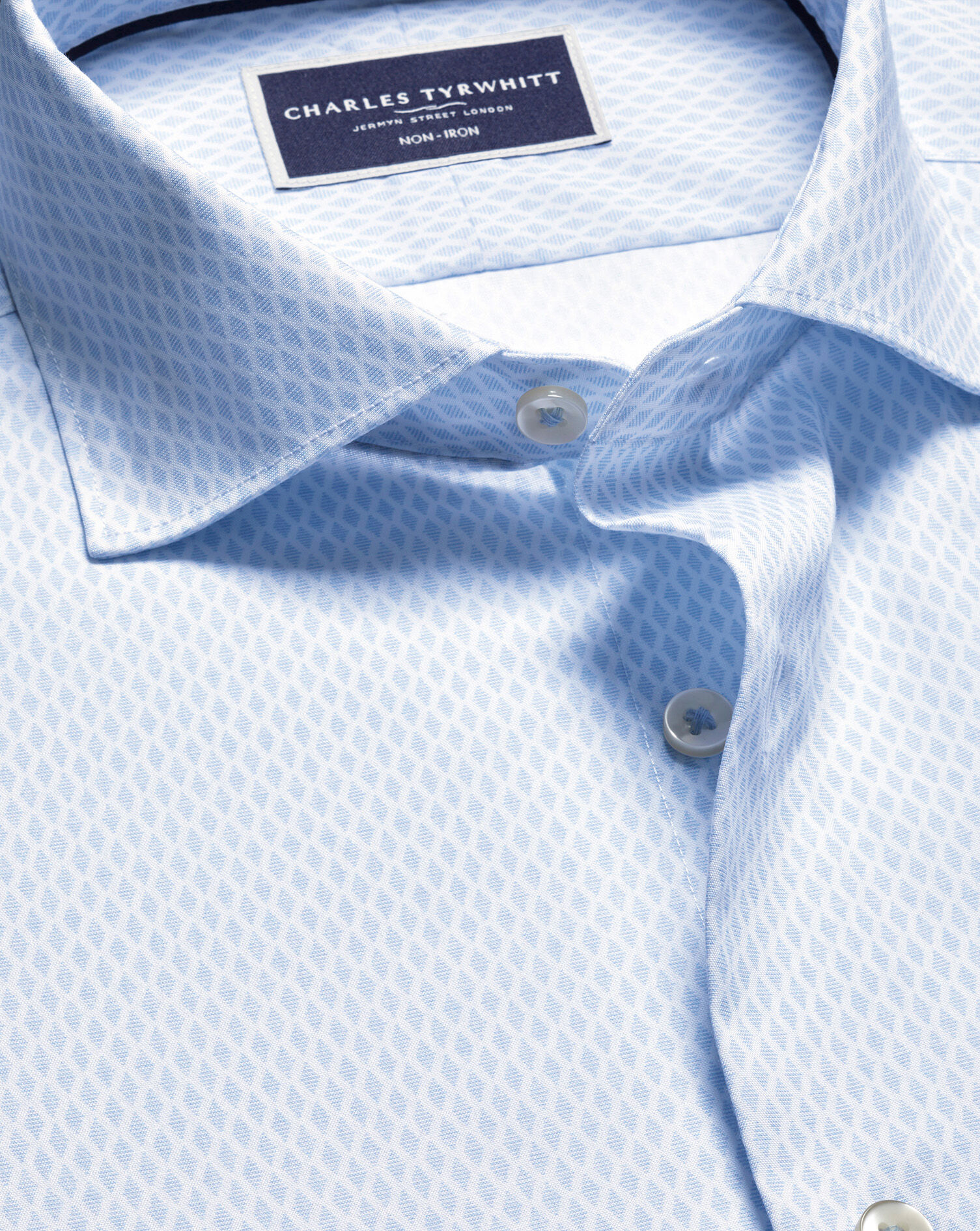 Semi-Spread Collar Non-Iron Stretch Poplin Diamond Print Shirt - Light Blue
