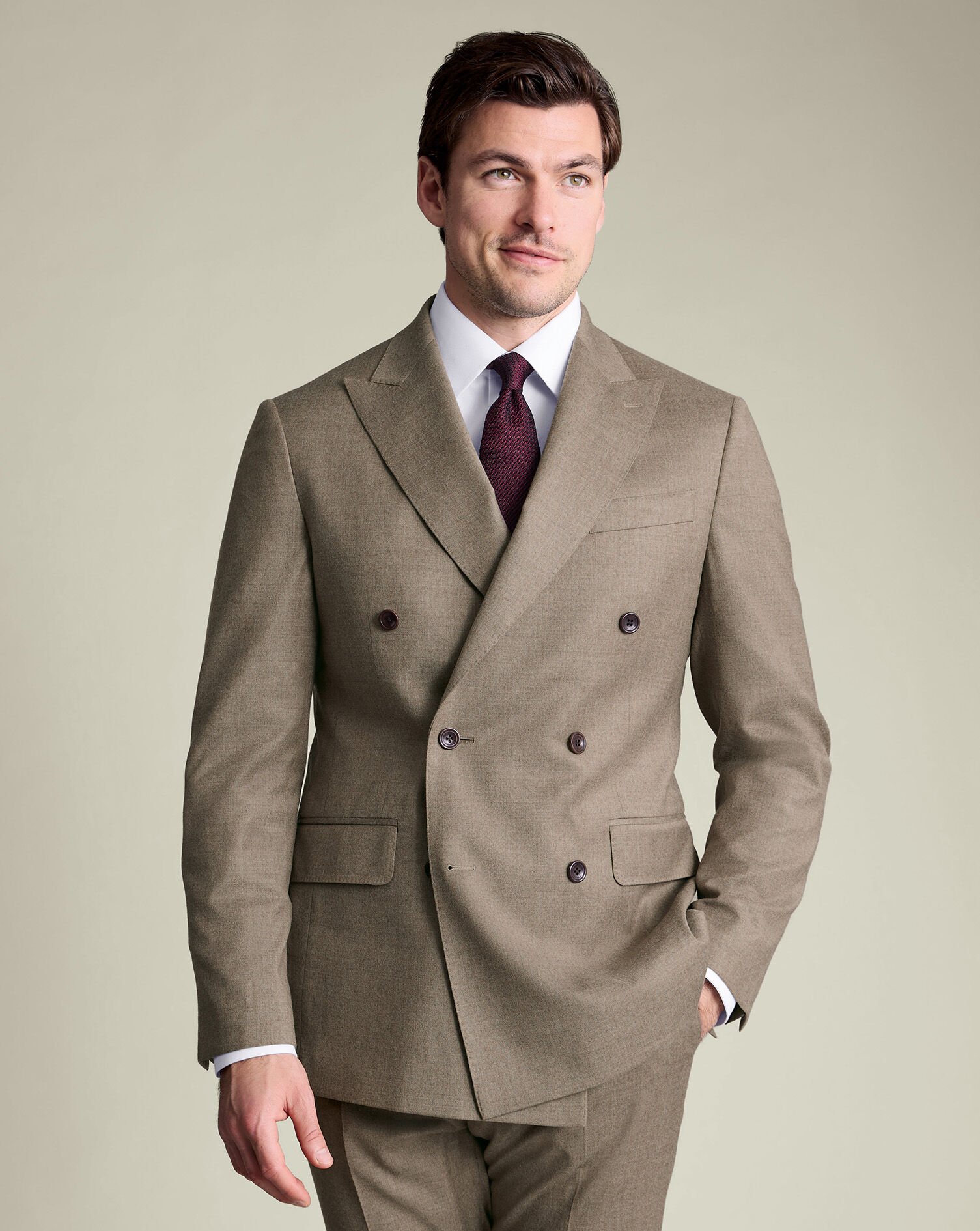 Double Breasted Italian Flannel Suit Jacket - Taupe