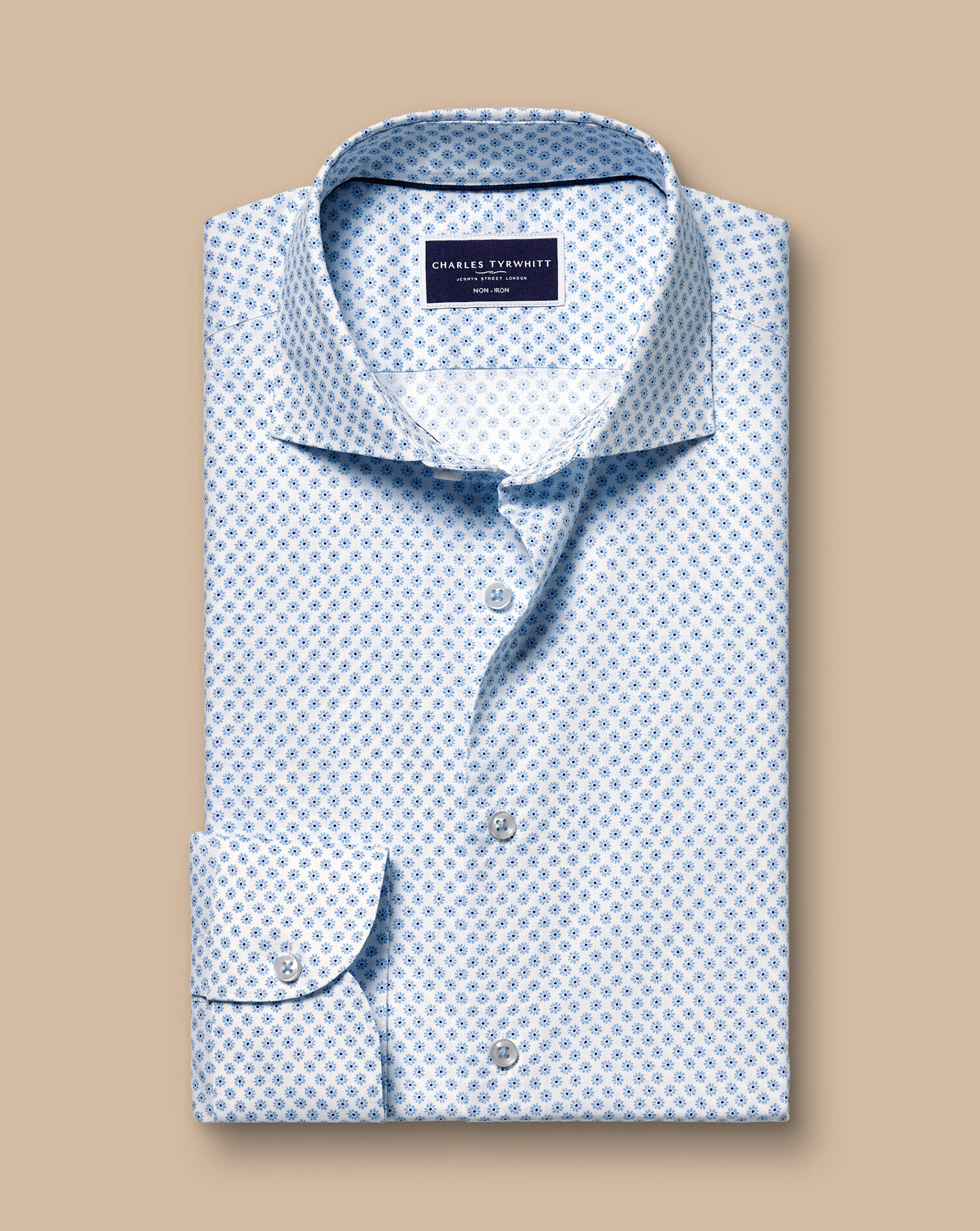 Semi-Spread Collar Non-Iron Stretch Daisy Print Shirt - Sky Blue