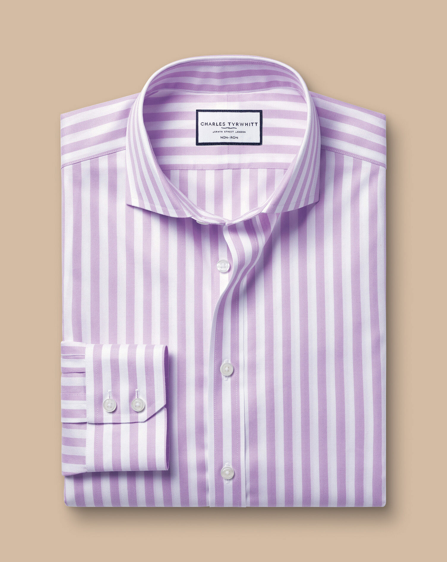 Spread Collar Non-Iron Twill Wide Stripe Shirt - Lilac Purple