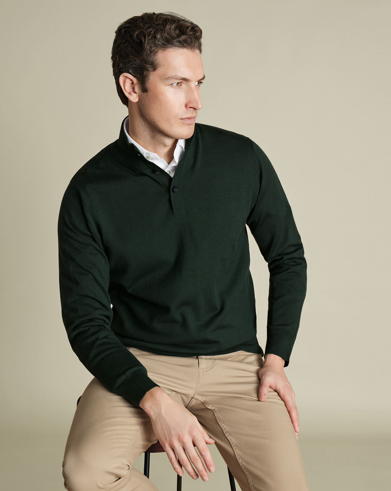 Merino Button Neck Sweater - Forest Green