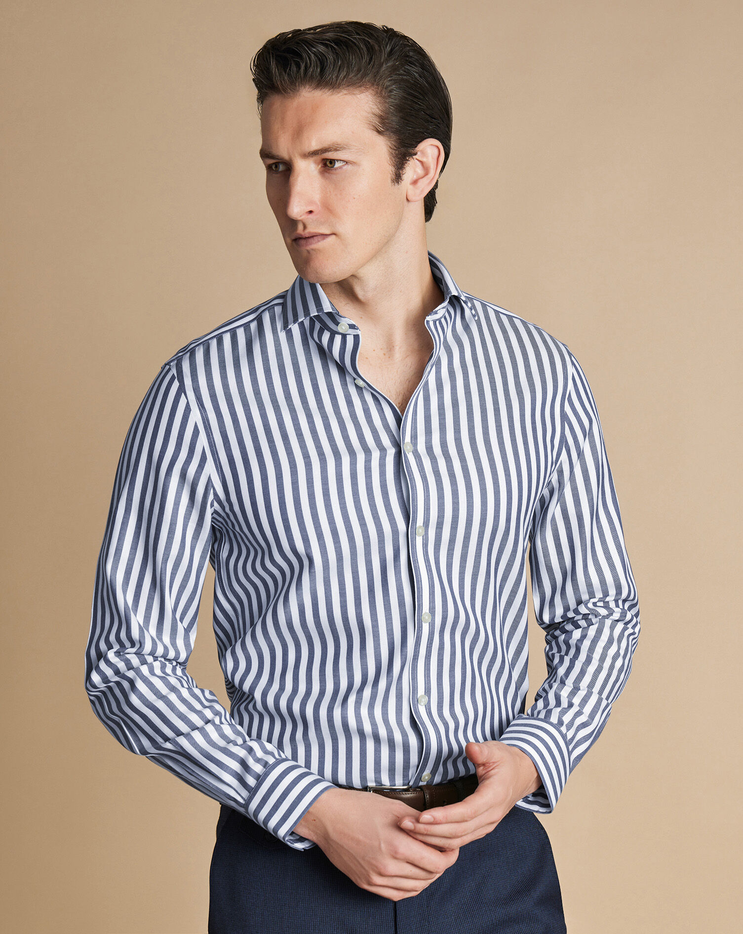 Spread Collar Non-Iron Twill Wide Stripe Shirt - Royal Blue